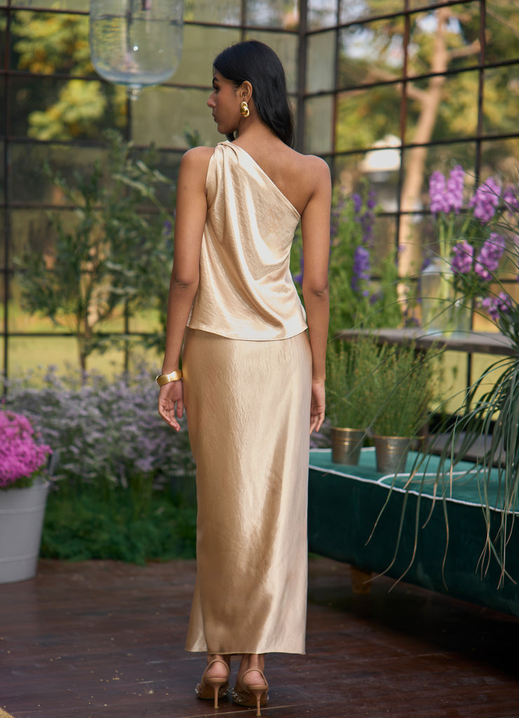 TWISTED ONE SHOULDER TOP & SATIN DRAPED SKIRT dash and dot