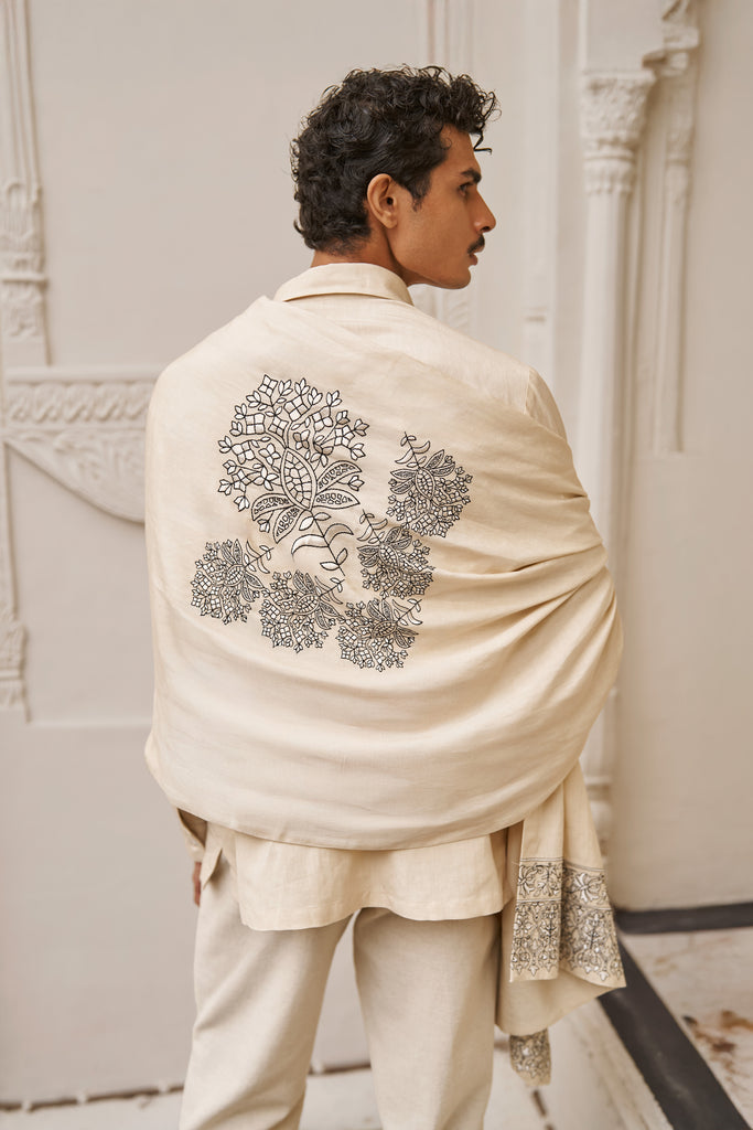 LINEN EMBROIDERED PANT SET WITH SHAWL dash and dot