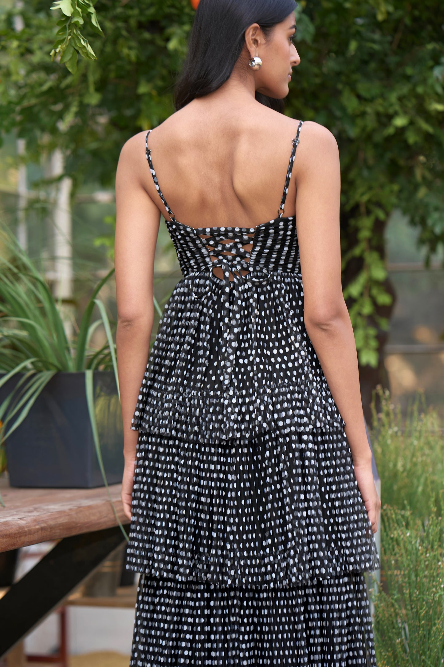 PLEATED POLKA DOT TIERED MAXI