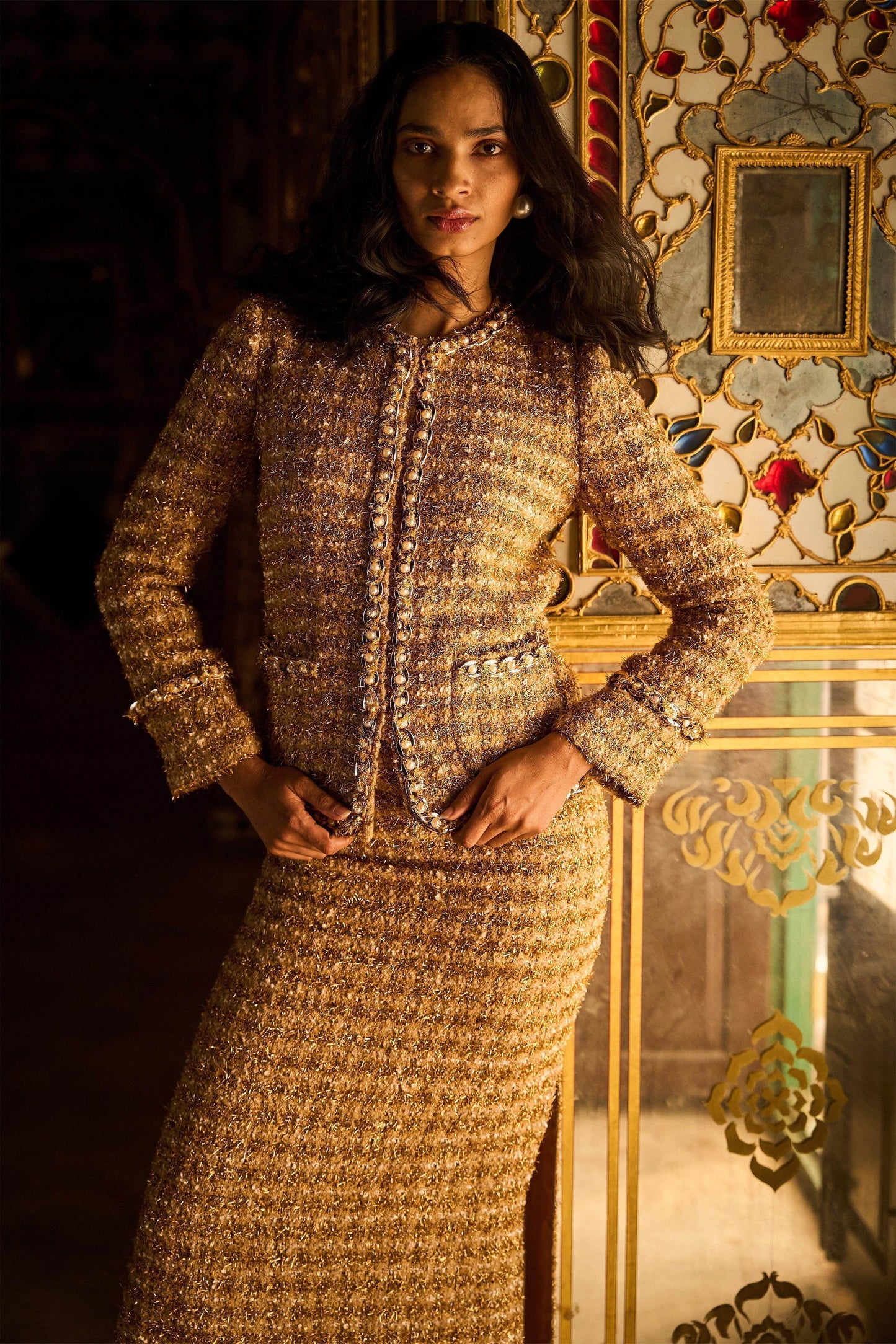 GOLD BOUCLÉ JACKET AND SKIRT - dash and dot