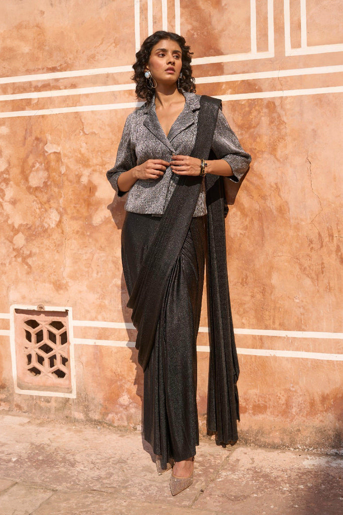 PLEATED METALLIC BLAZER TOP AND BLACK SARI DRAPE SKIRT - dash and dot dash and dot