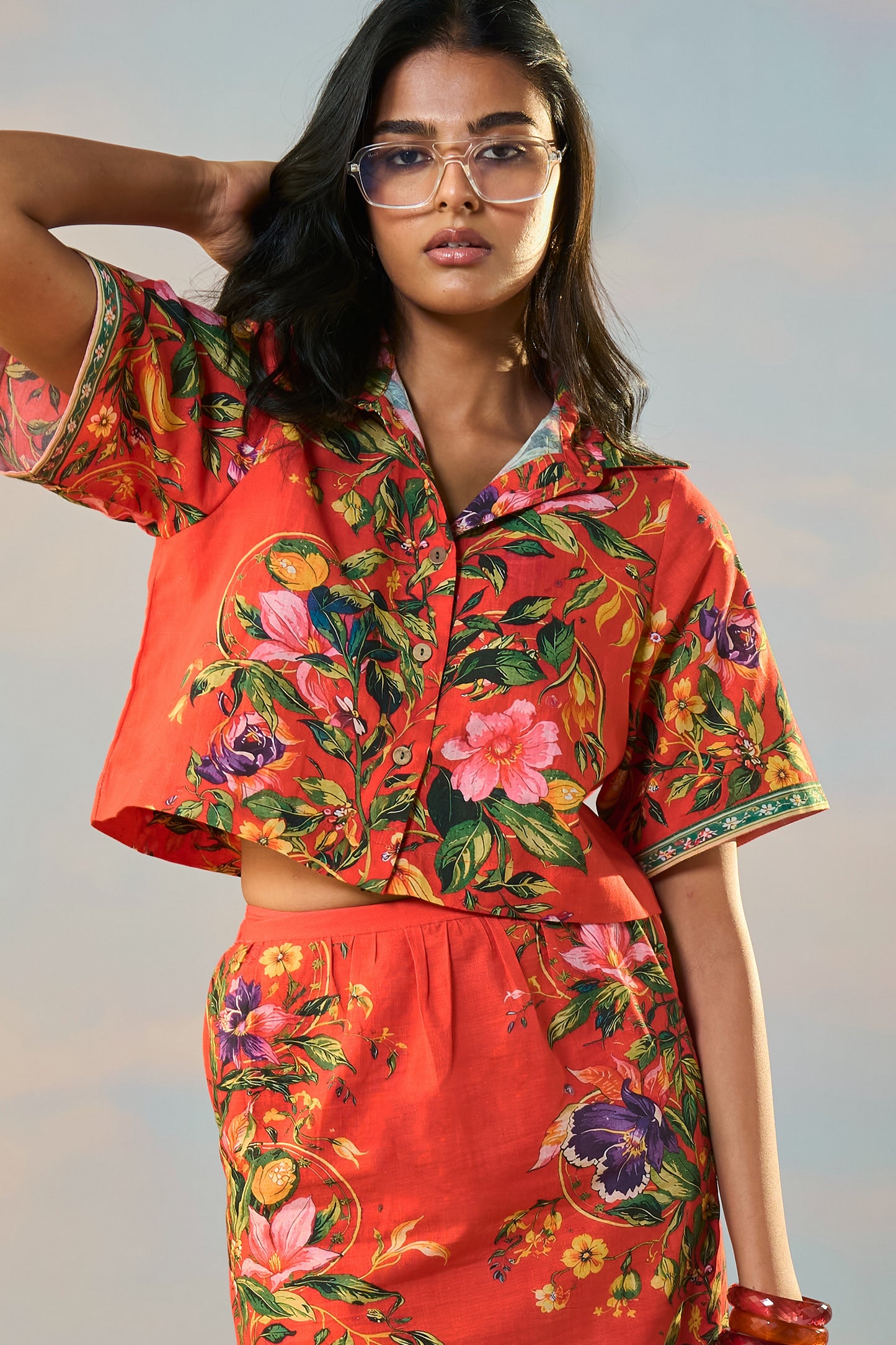LINEN PLACED FLORAL PRINT SHIRT