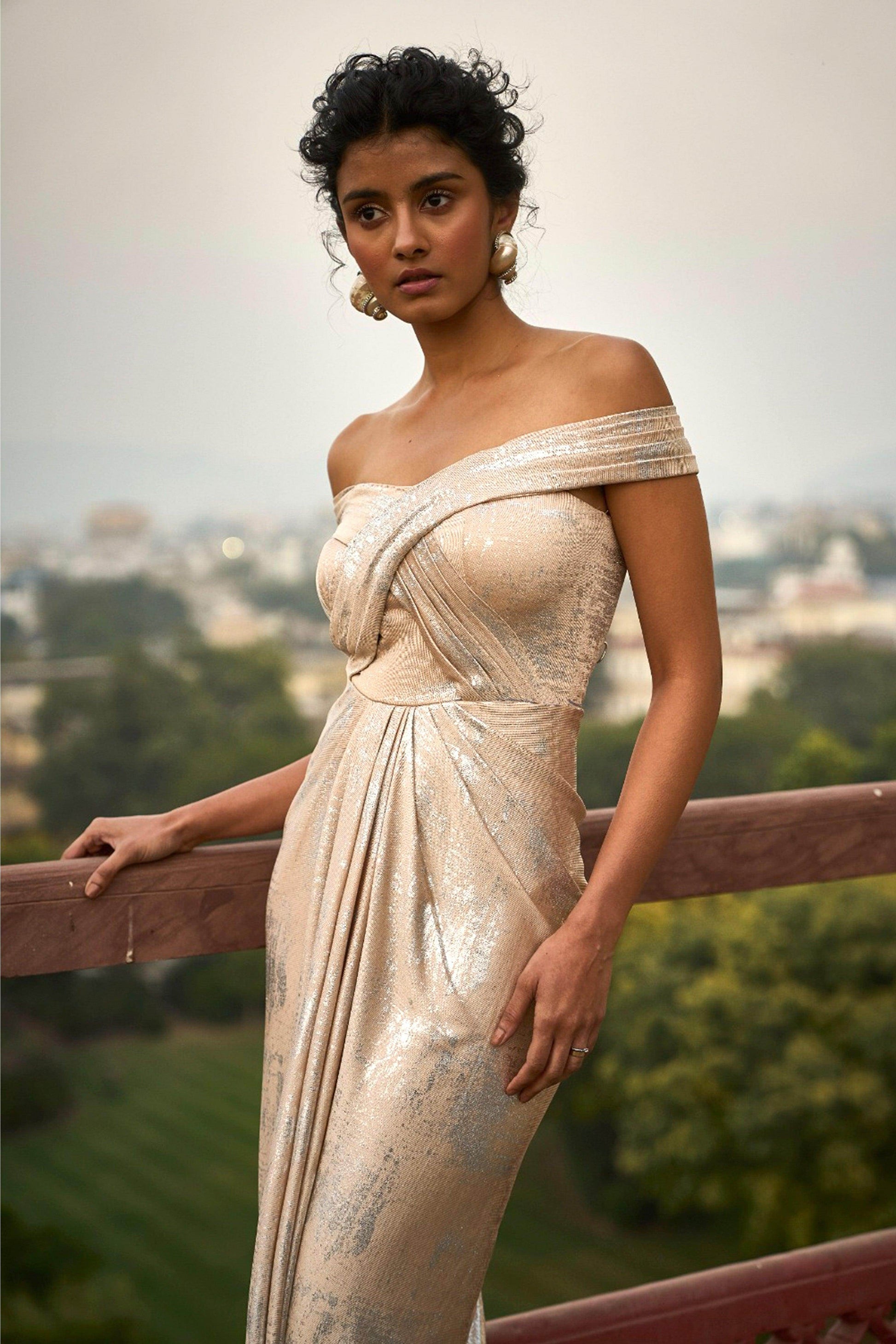 OFF SHOULDER DRAPED GOWN - dash and dot