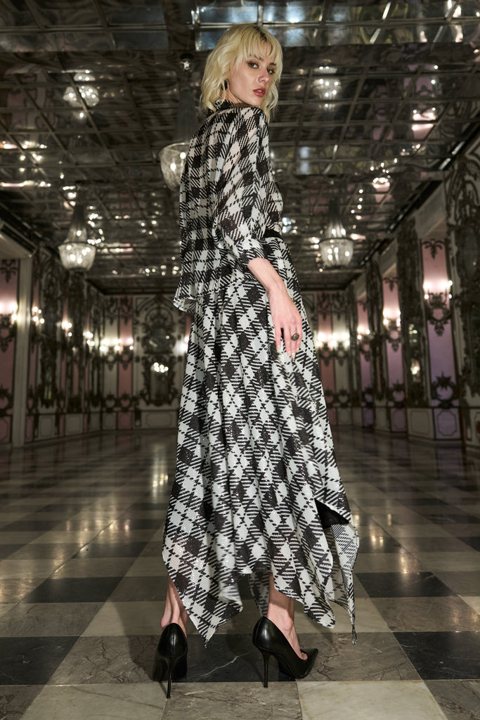 MONOCHROME SEQUIN DRAPE SHIRT & HANDKERCHIEF HEM SKIRT SET dash and dot