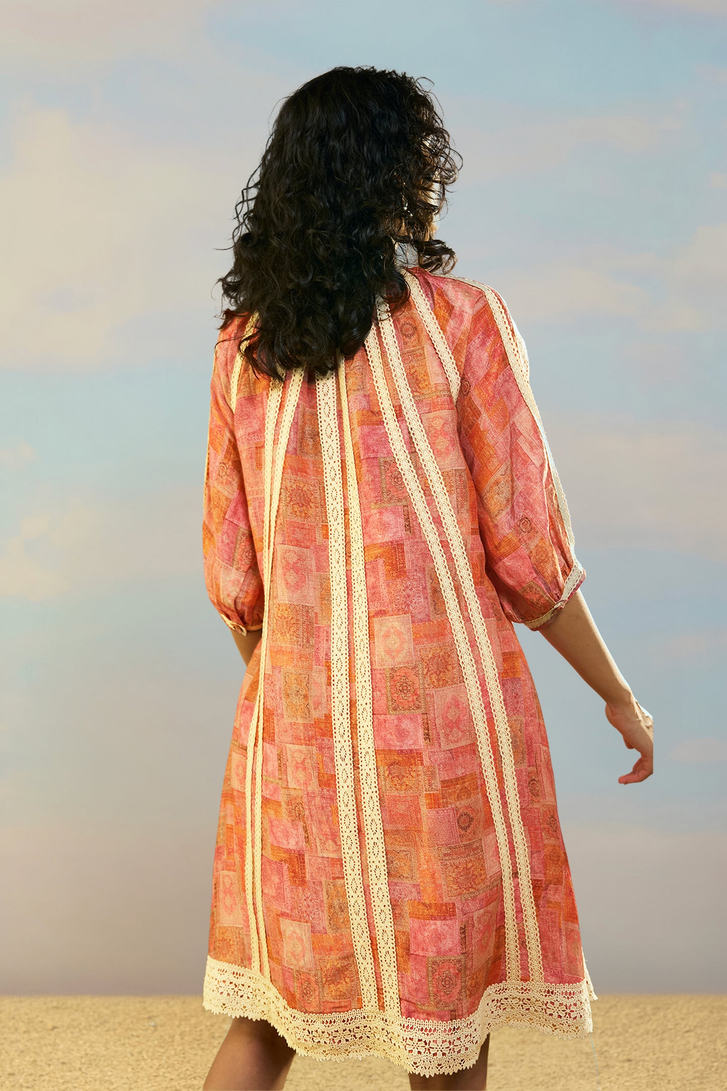 PRINTED LINEN-LACE DRESS