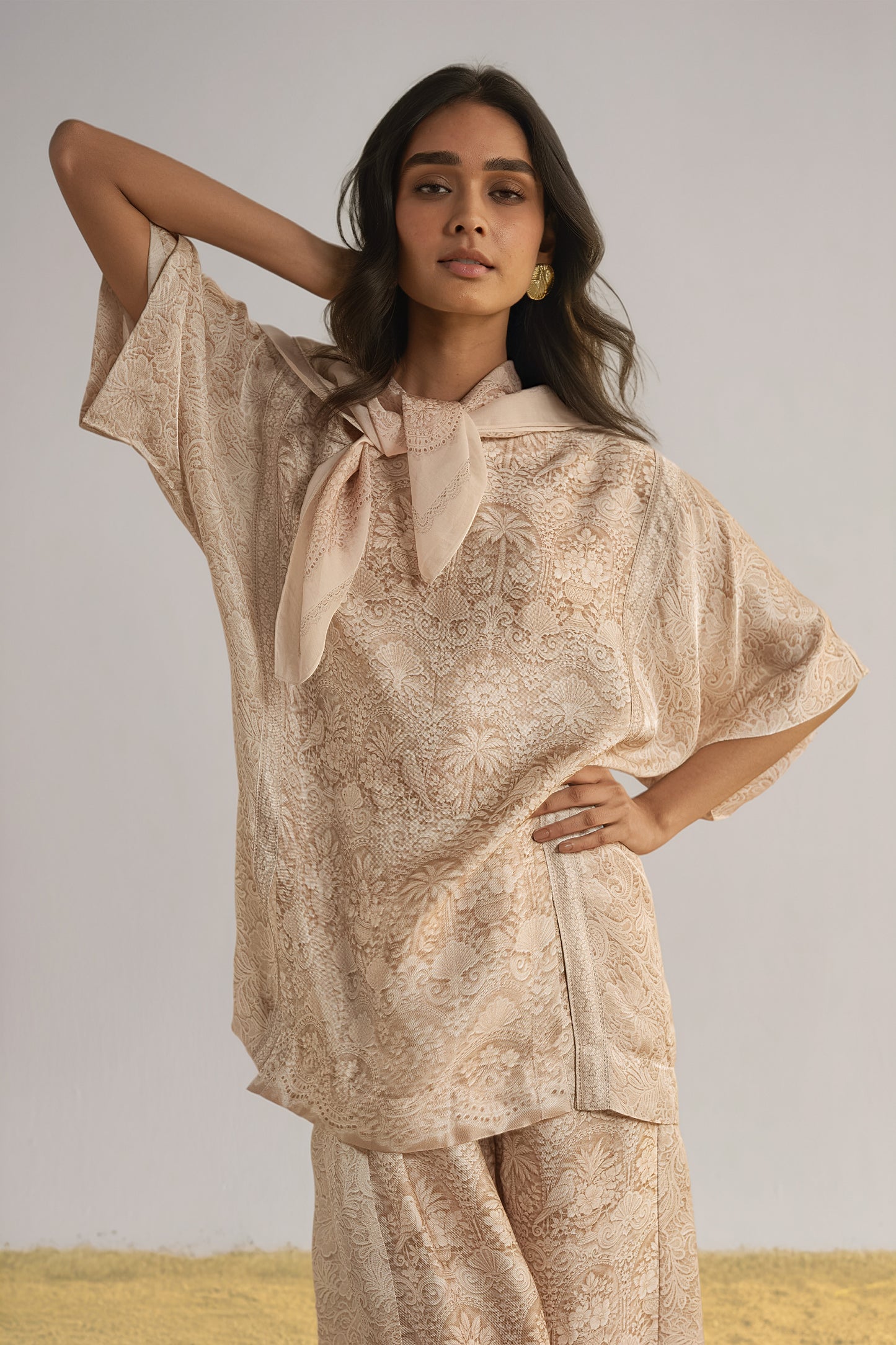 LACE PRINTED WIDE-LEGGED PANT SET WITH SCARF
