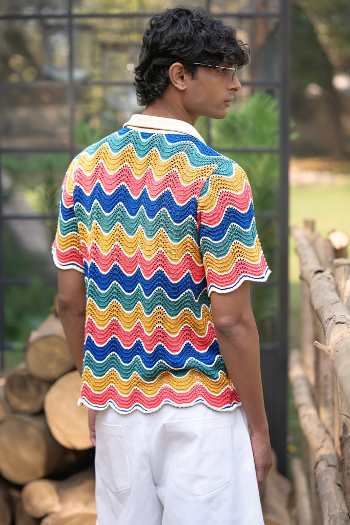 MULTICOLOUR KNIT POLO & IVORY DENIM JORTS dash and dot