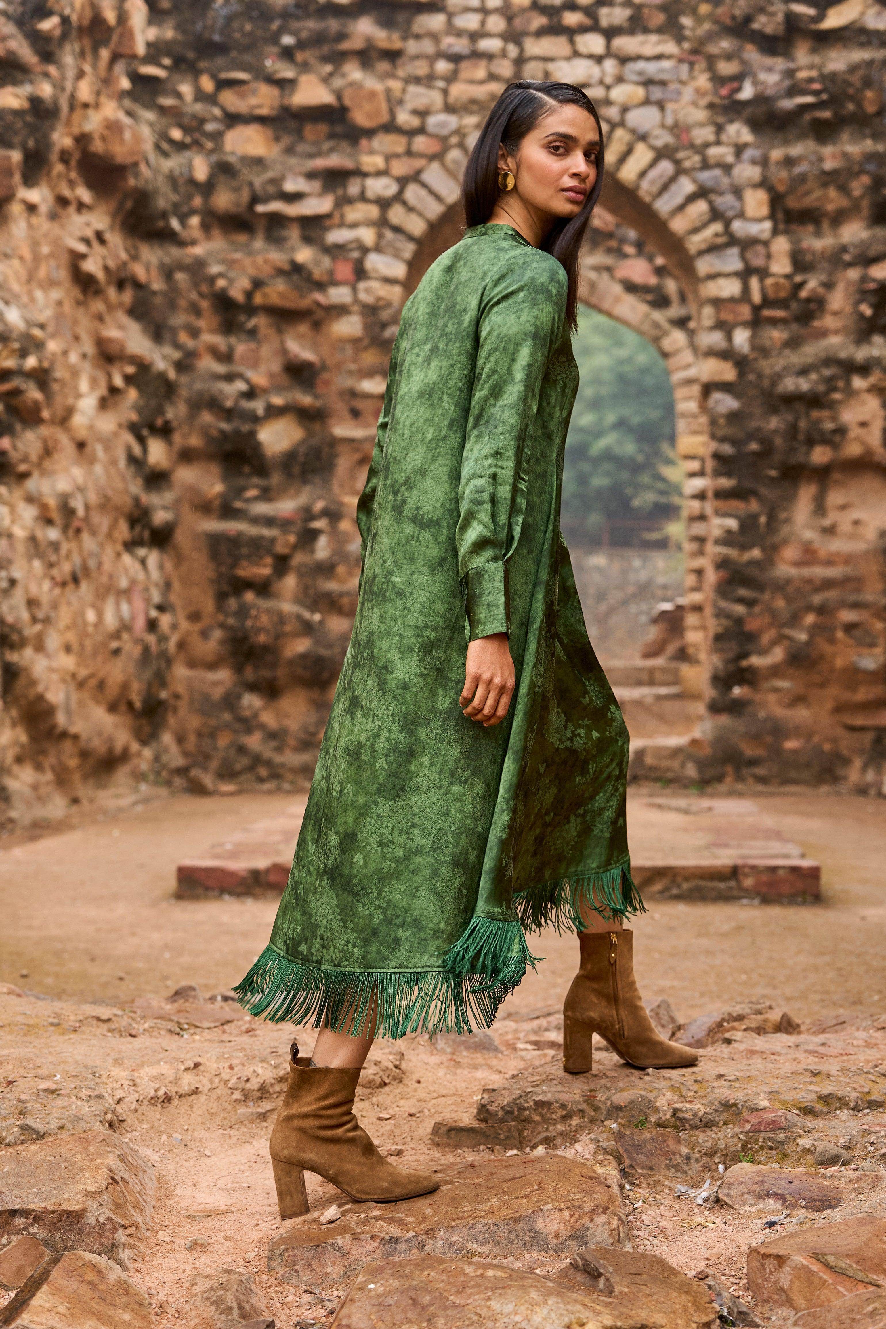 midi shirt dress dot JACQUARD FRINGE MIDI SHIRT DRESS XXS / Forest
