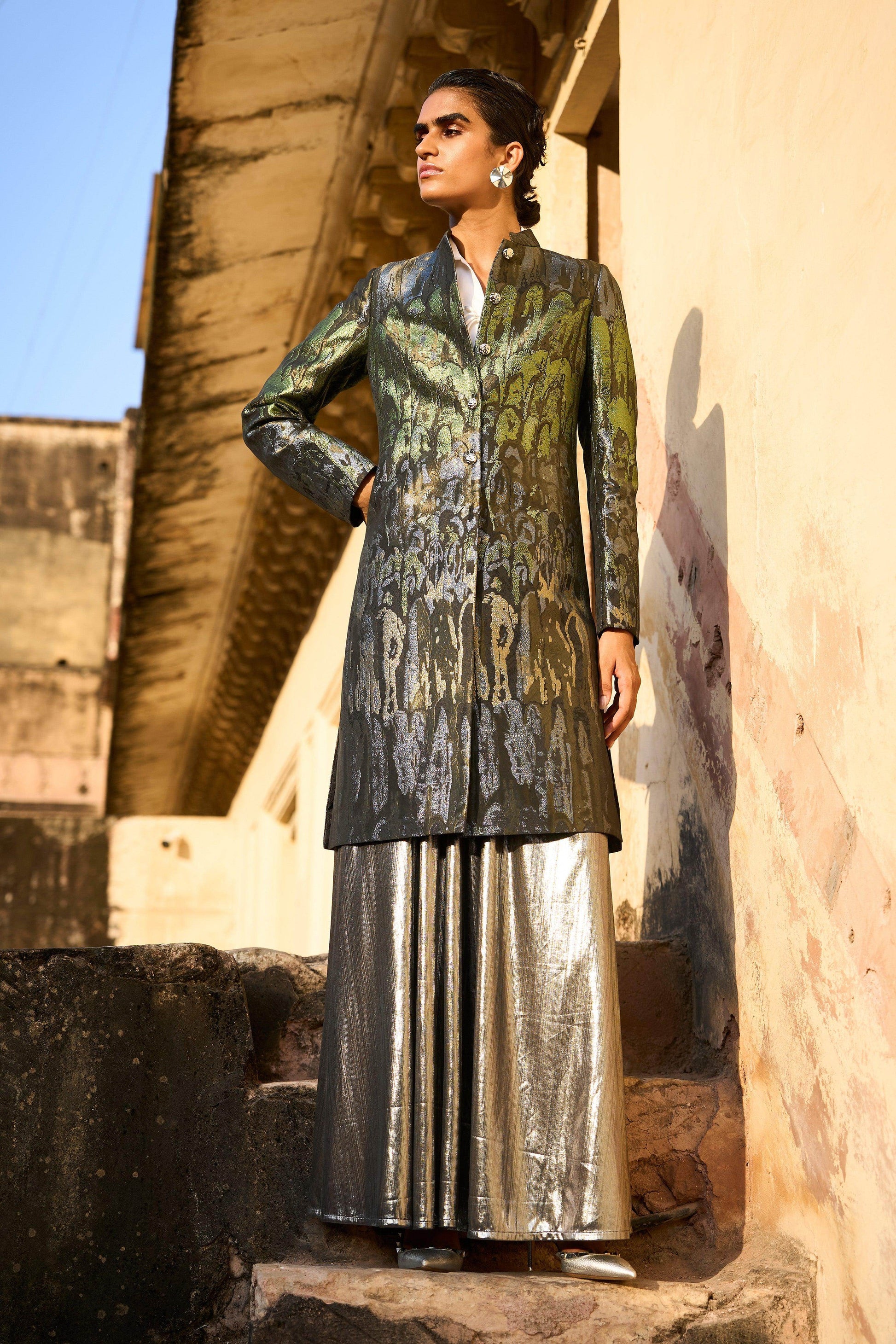 BROCADE JACKET AND FIT & FLARE SILVER SKIRT - dash and dot