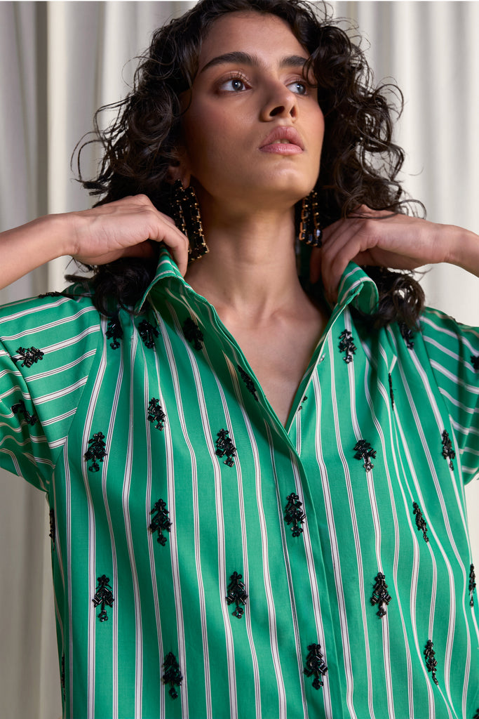MOTIF BEAD EMBROIDERED STRIPE SHIRT & PANT SET dash and dot