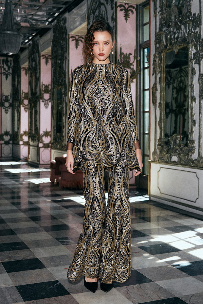 BLACK GOLD EMBROIDERED FLARED PANT dash and dot