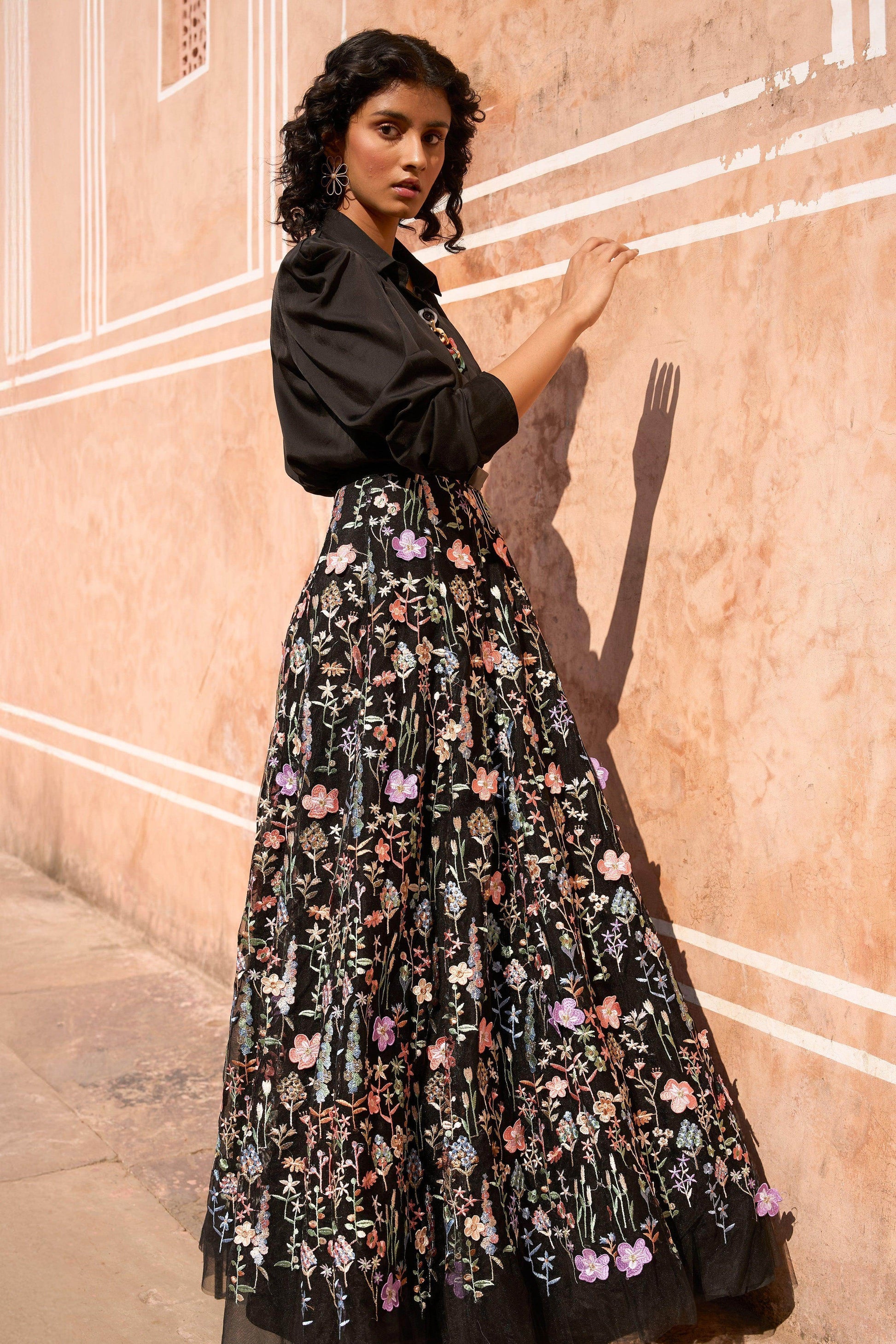 3D FLORAL MAXI SKIRT AND CHAIN NECK SHIRT - dash and dot