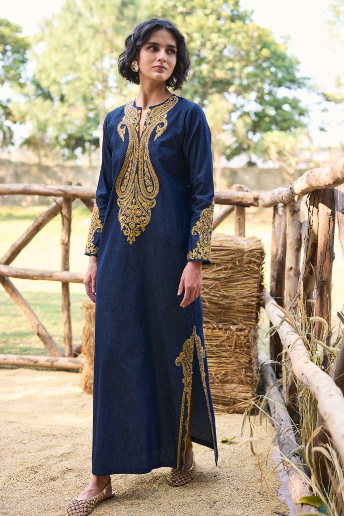 EMBROIDERED DENIM KAFTAN DRESS dash and dot