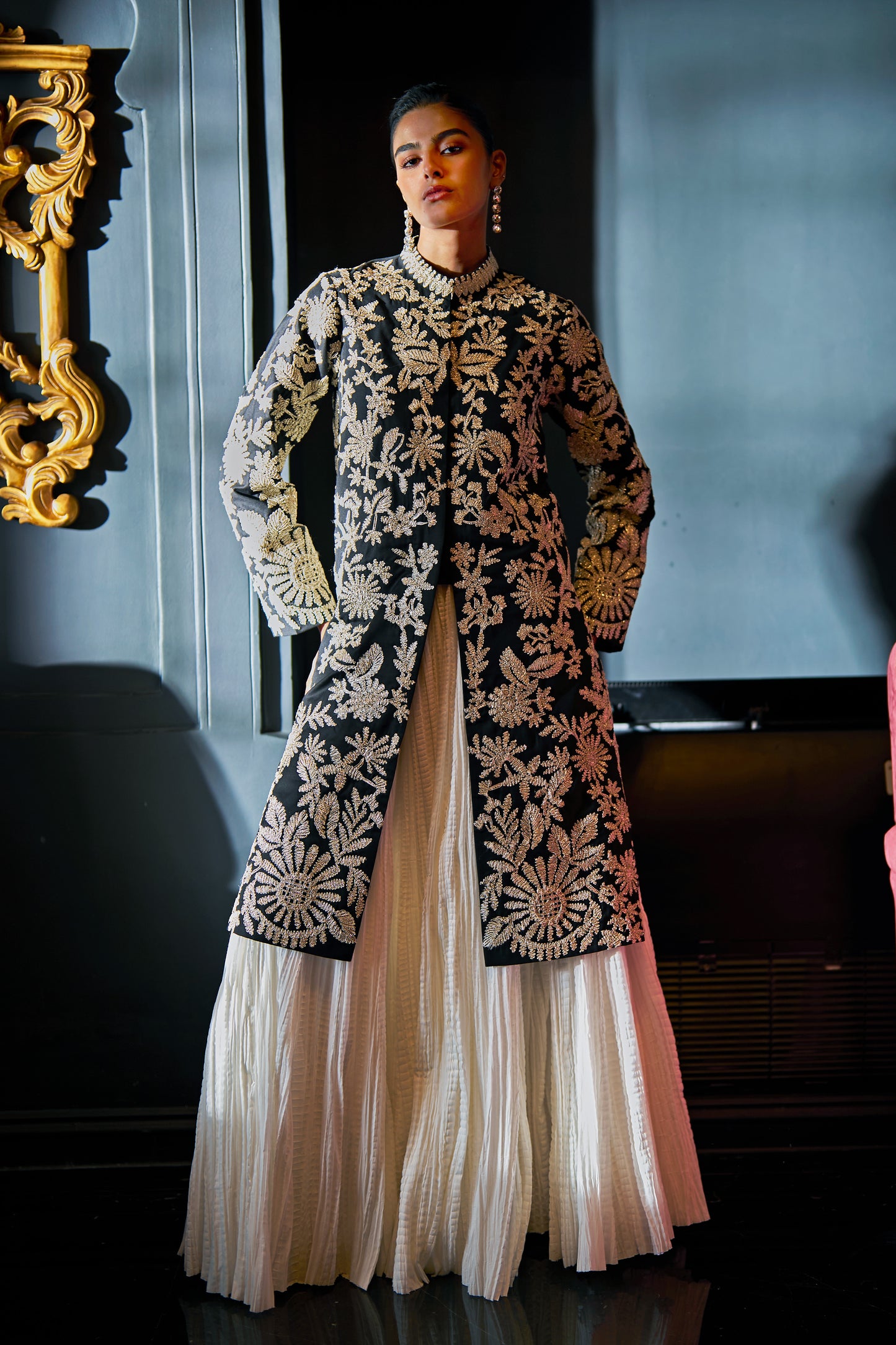 GOTA EMBROIDERED LONGLINE JACKET AND CRUSHED SKIRT