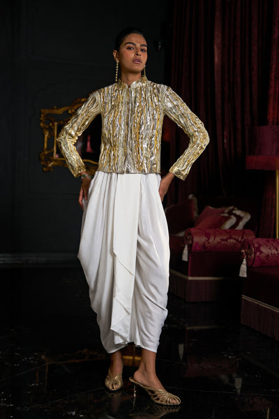 CRUSHED GOTA WEAVE BOLERO & IVORY COWL PANT