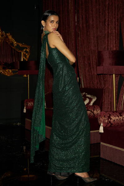 EMERALD SEQUIN SARI DRAPE GOWN