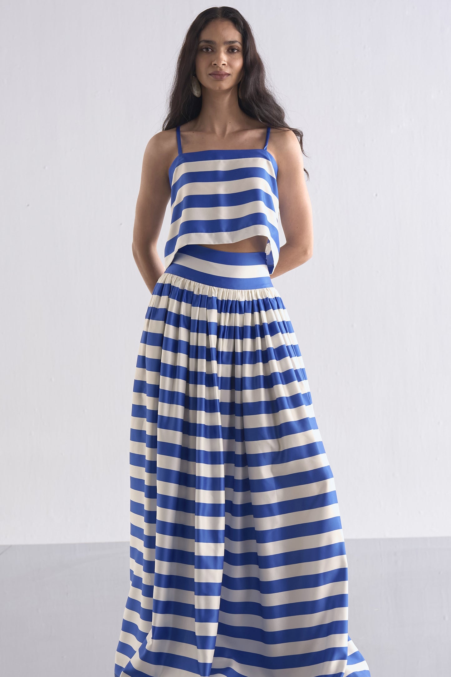 BACK KNOT DRAPED STRIPE TOP & MAXI SKIRT SET