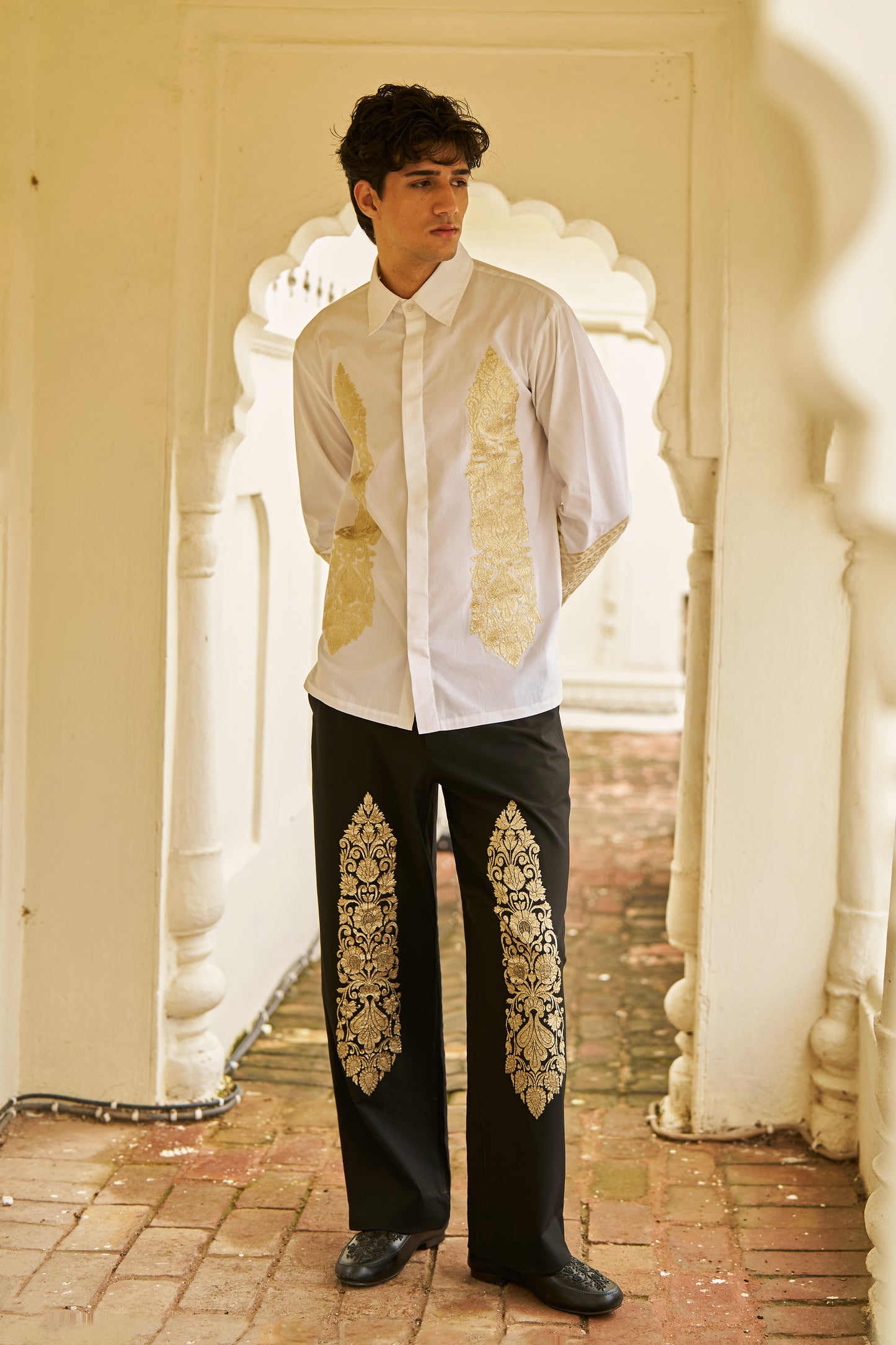 BLACK BROCADE PATCH PANT