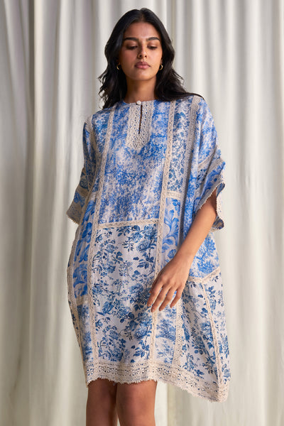 SILK-LINEN PORCELAIN PRINT PATCHWORK DRESS