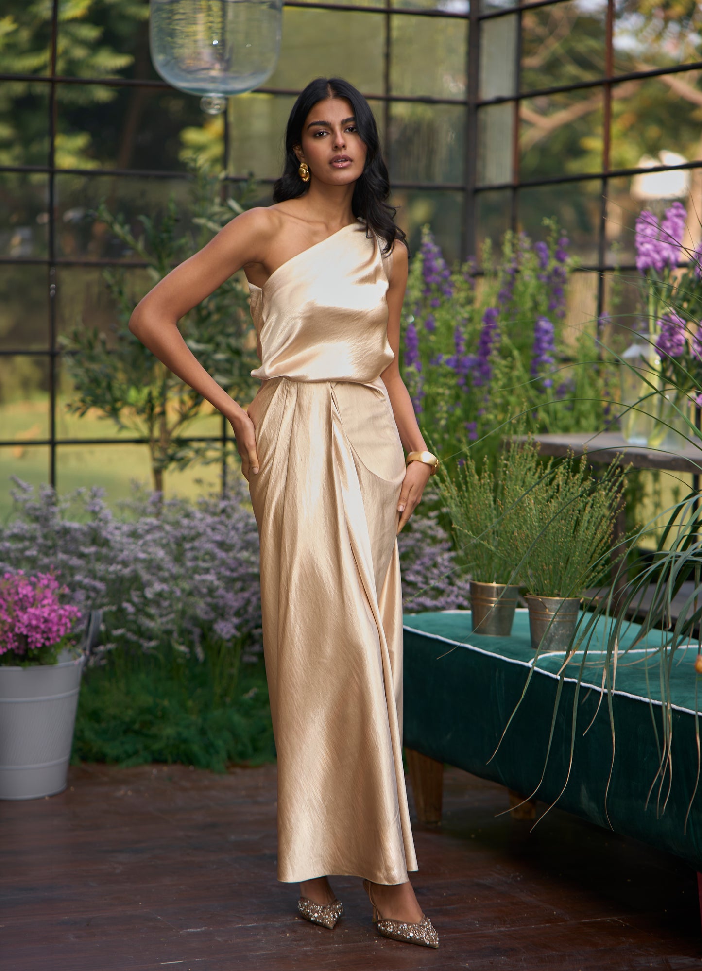 TWISTED ONE SHOULDER TOP & SATIN DRAPED SKIRT