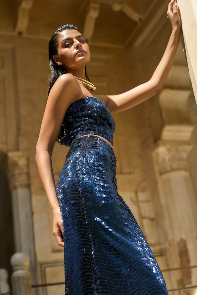 BLUE SEQUIN BANDEAU AND MAXI SKIRT - dash and dot dash and dot