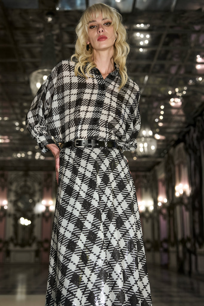 MONOCHROME SEQUIN DRAPE SHIRT & HANDKERCHIEF HEM SKIRT SET dash and dot