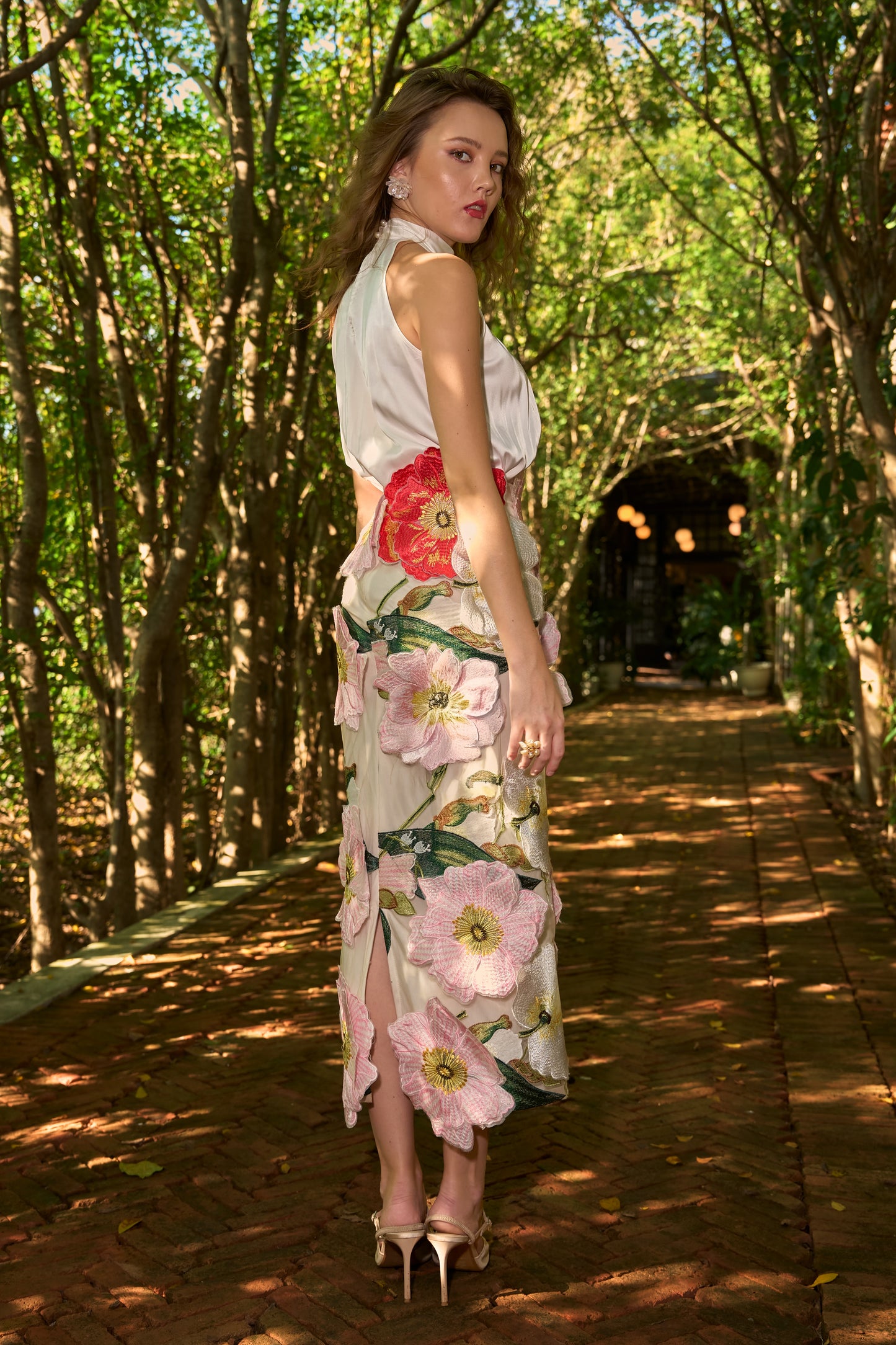 IVORY SATIN HALTER TOP & 3D FLORAL MIDI SKIRT
