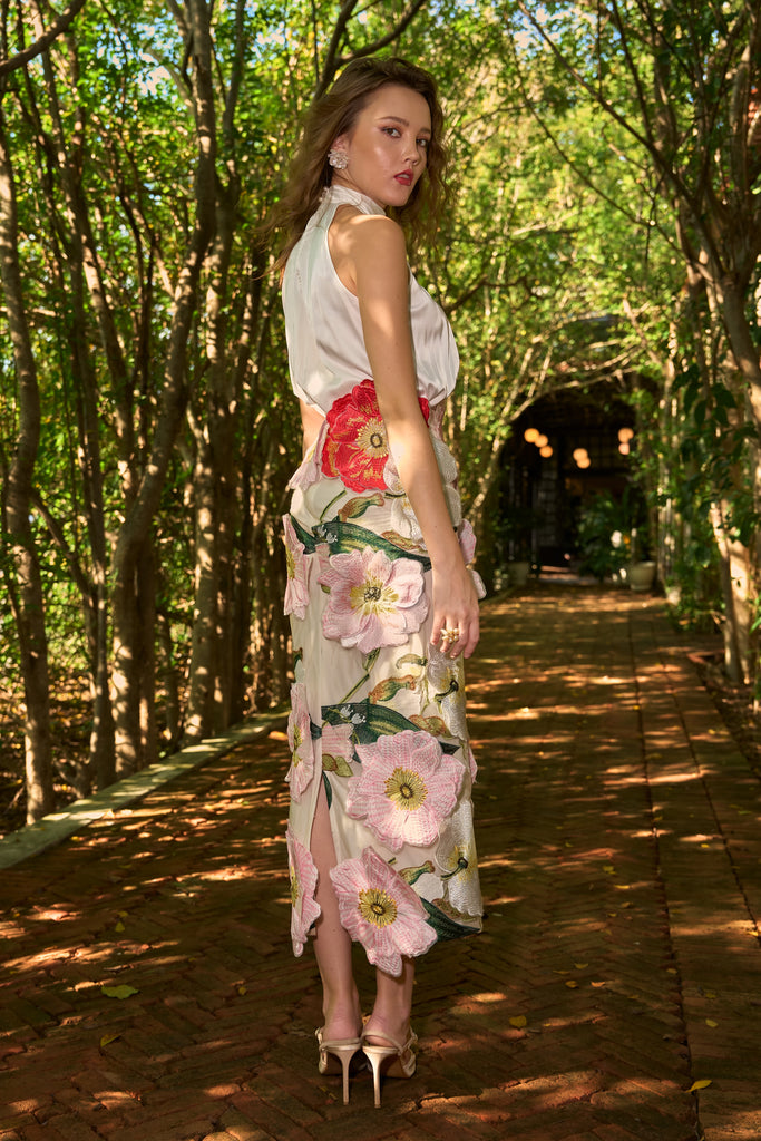 IVORY SATIN HALTER TOP & 3D FLORAL MIDI SKIRT dash and dot