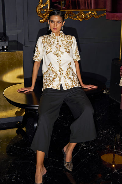 METALLIC EMBROIDERED SHIRT AND BLACK CULOTTE