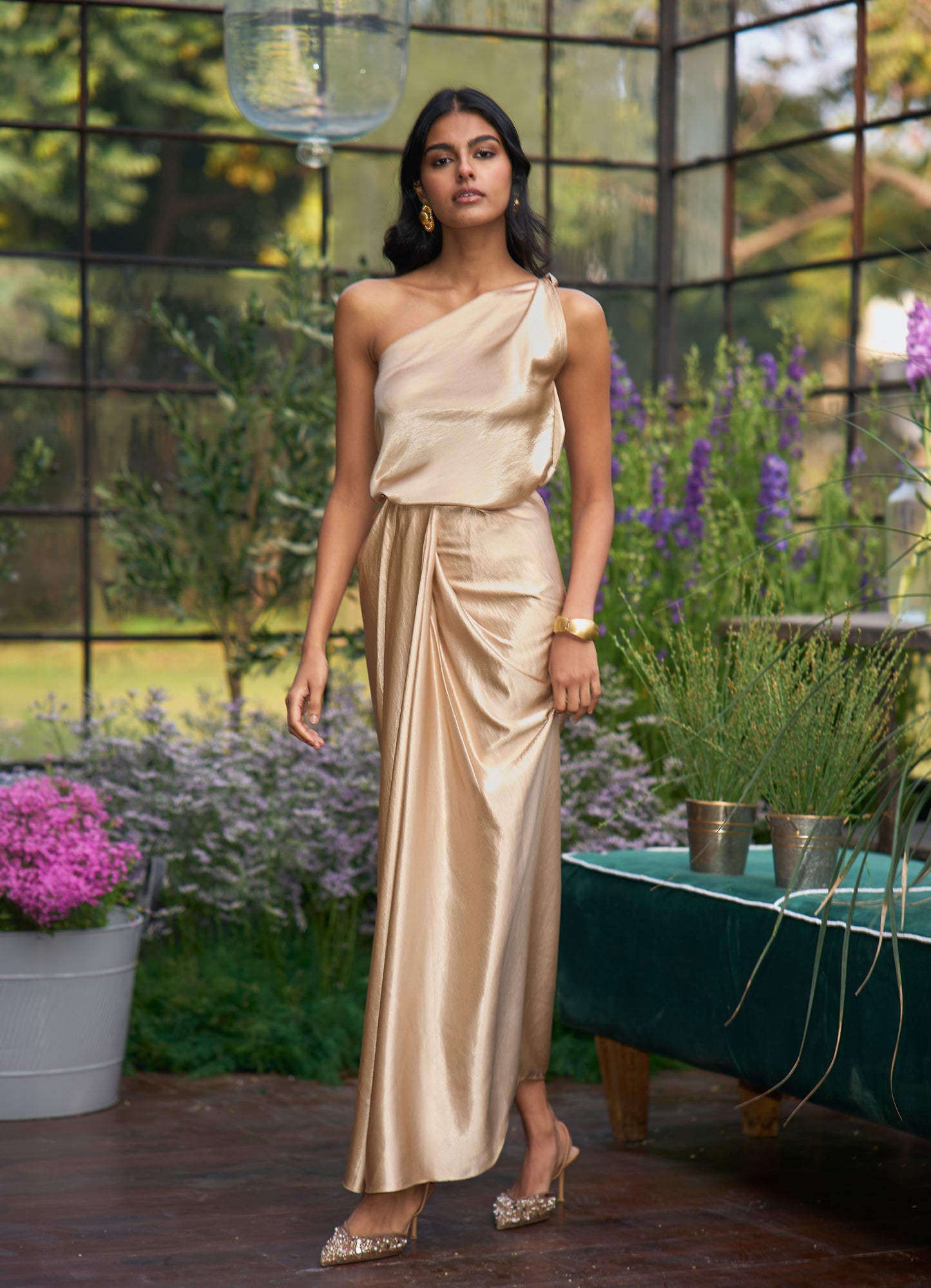 TWISTED ONE SHOULDER TOP & SATIN DRAPED SKIRT