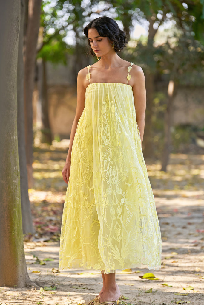 STRAPPY EMBROIDERED MIDI dash and dot