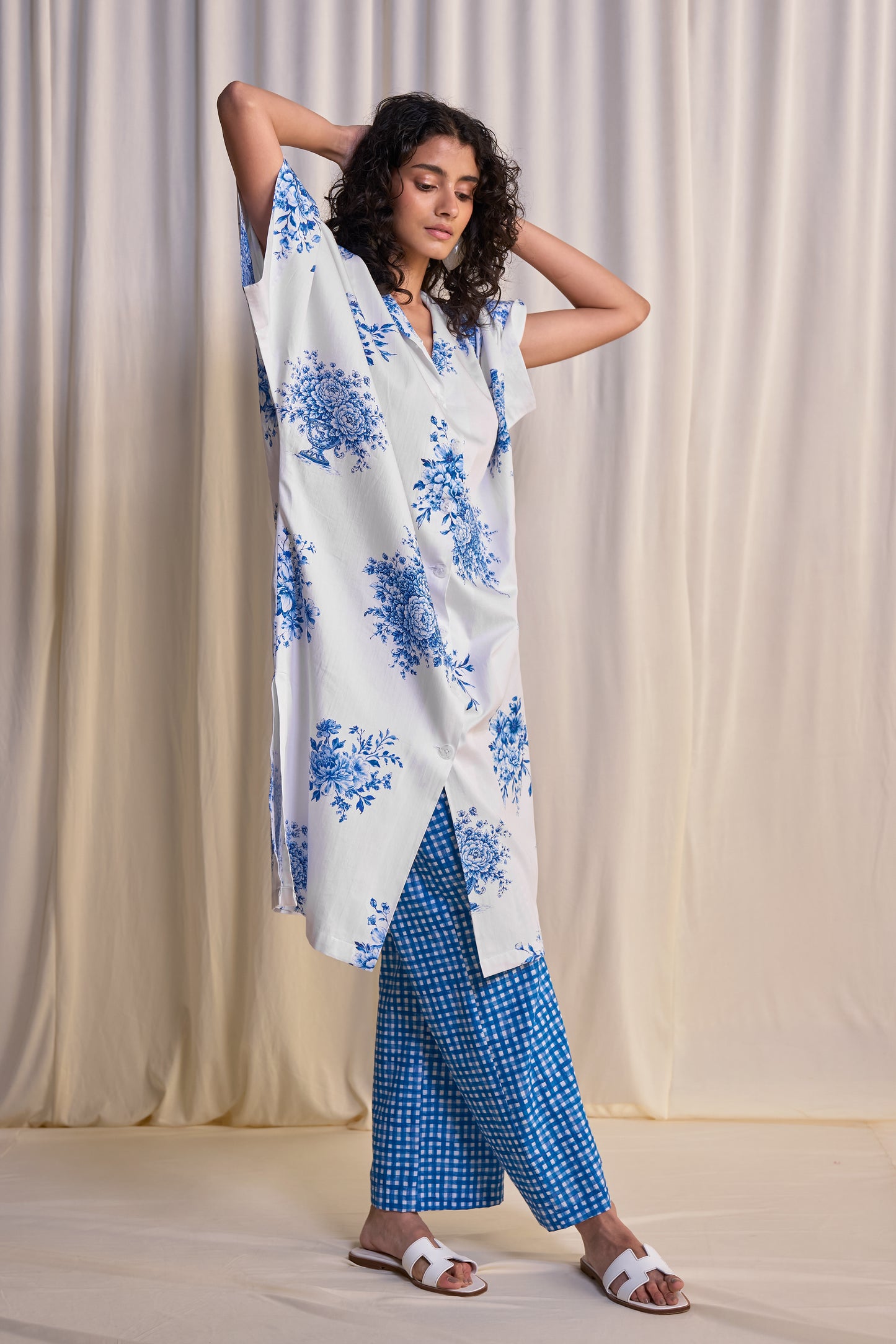 LINEN PORCELAIN PRINT MOTIF SHIRT & MADRAS CHECK PRINT PANT