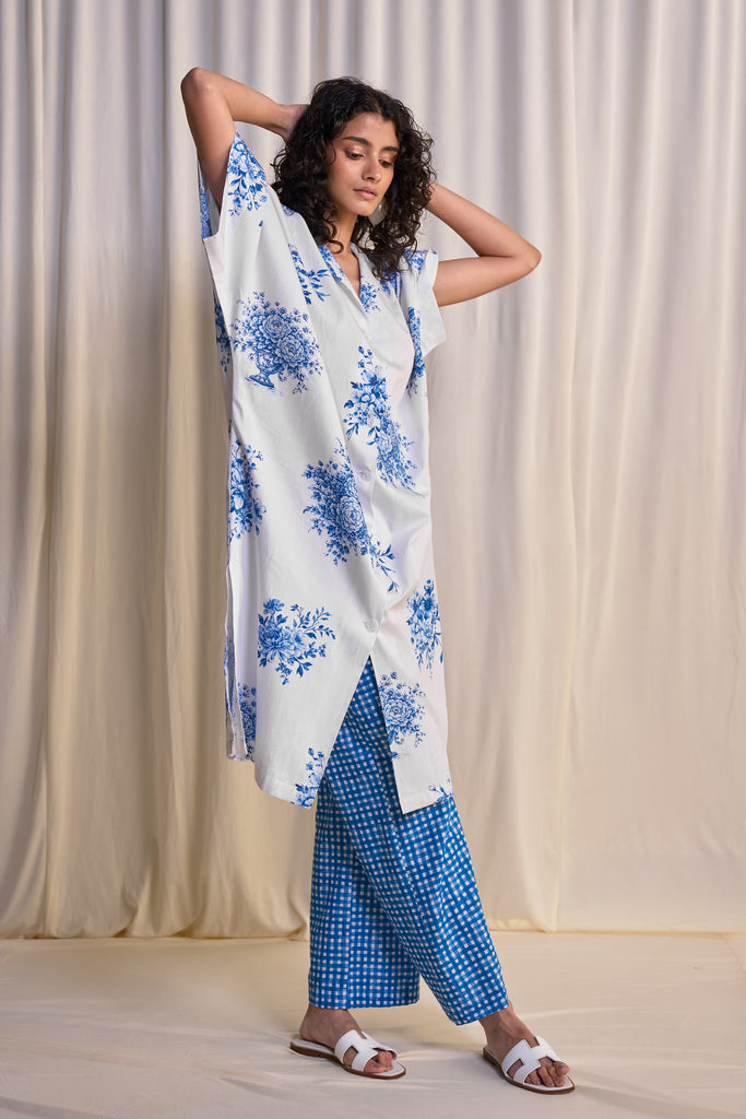LINEN PORCELAIN PRINT MOTIF SHIRT & MADRAS CHECK PRINT PANT dash and dot