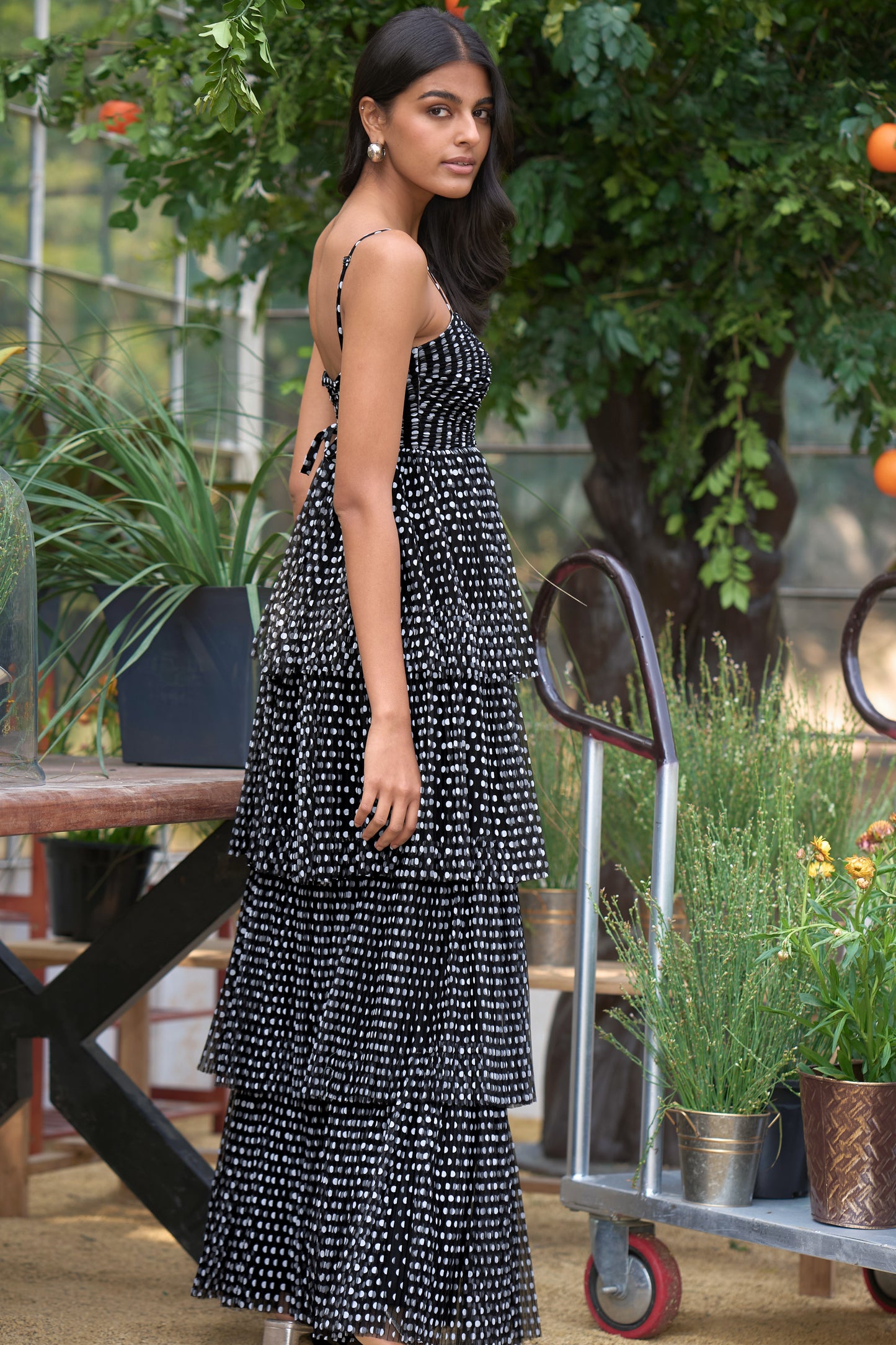 PLEATED POLKA DOT TIERED MAXI