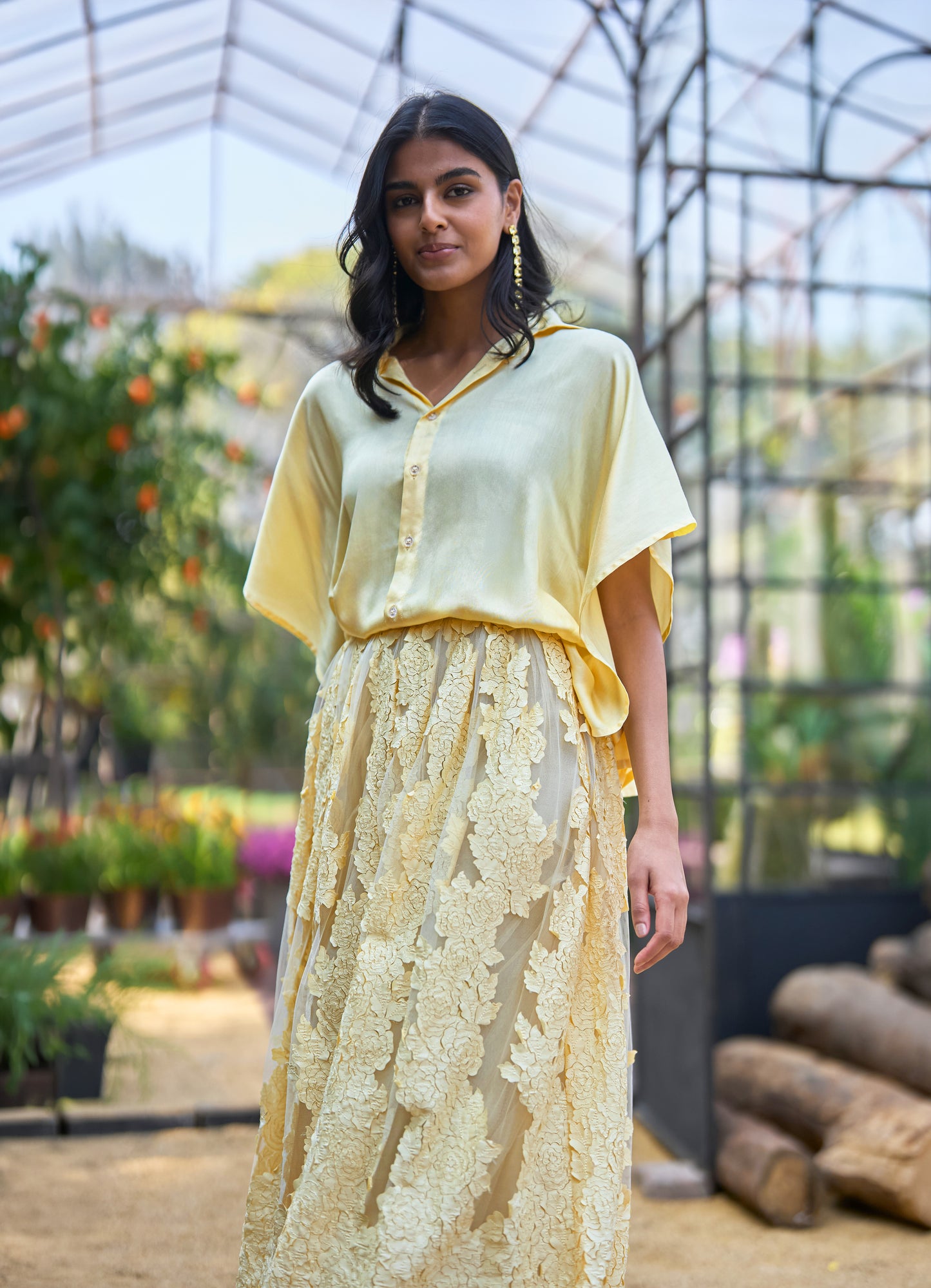 CUTWORK LACE APPLIQUÉ FLARED SKIRT