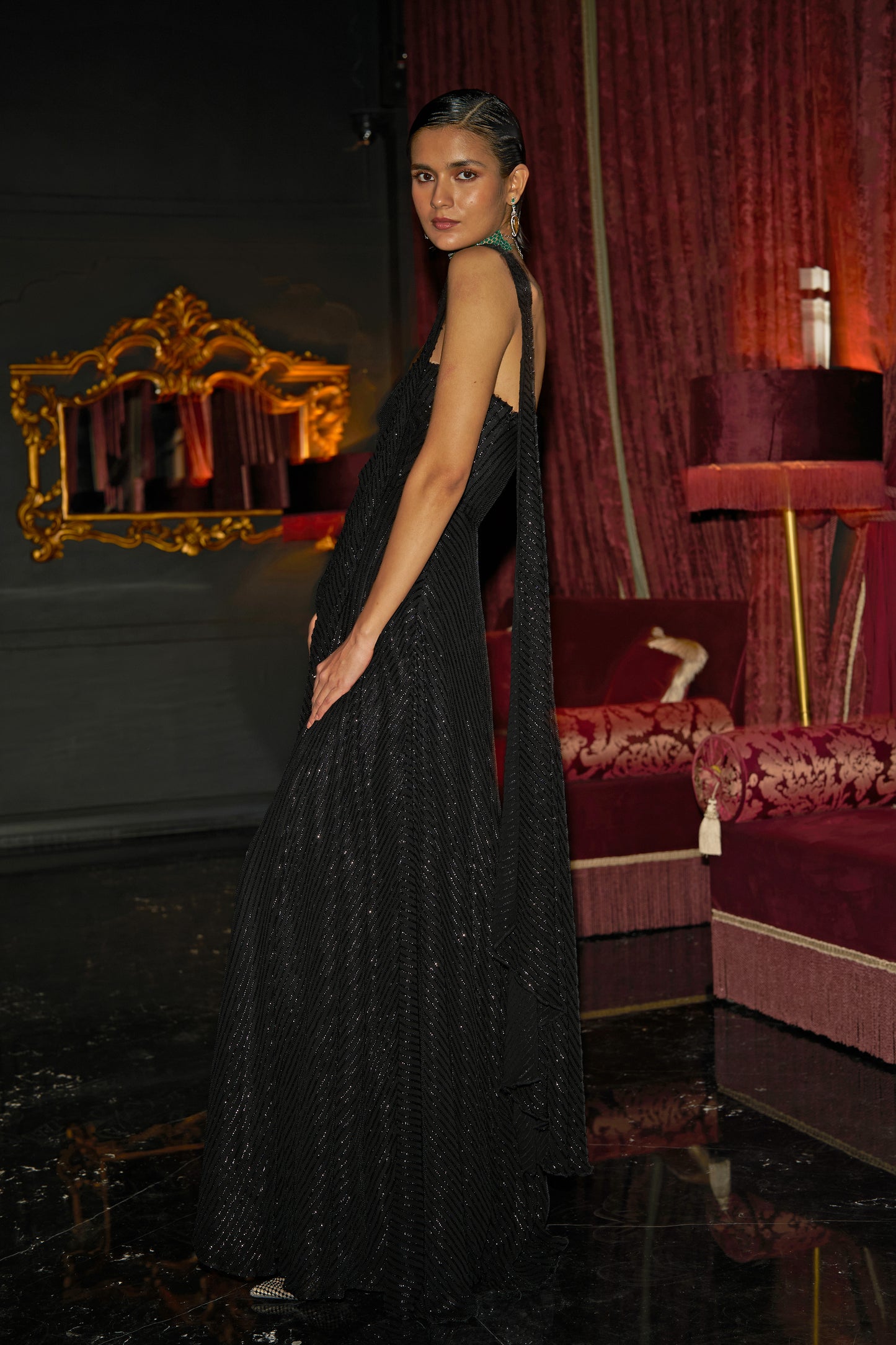 BLACK SEQUIN SARI DRAPE GOWN