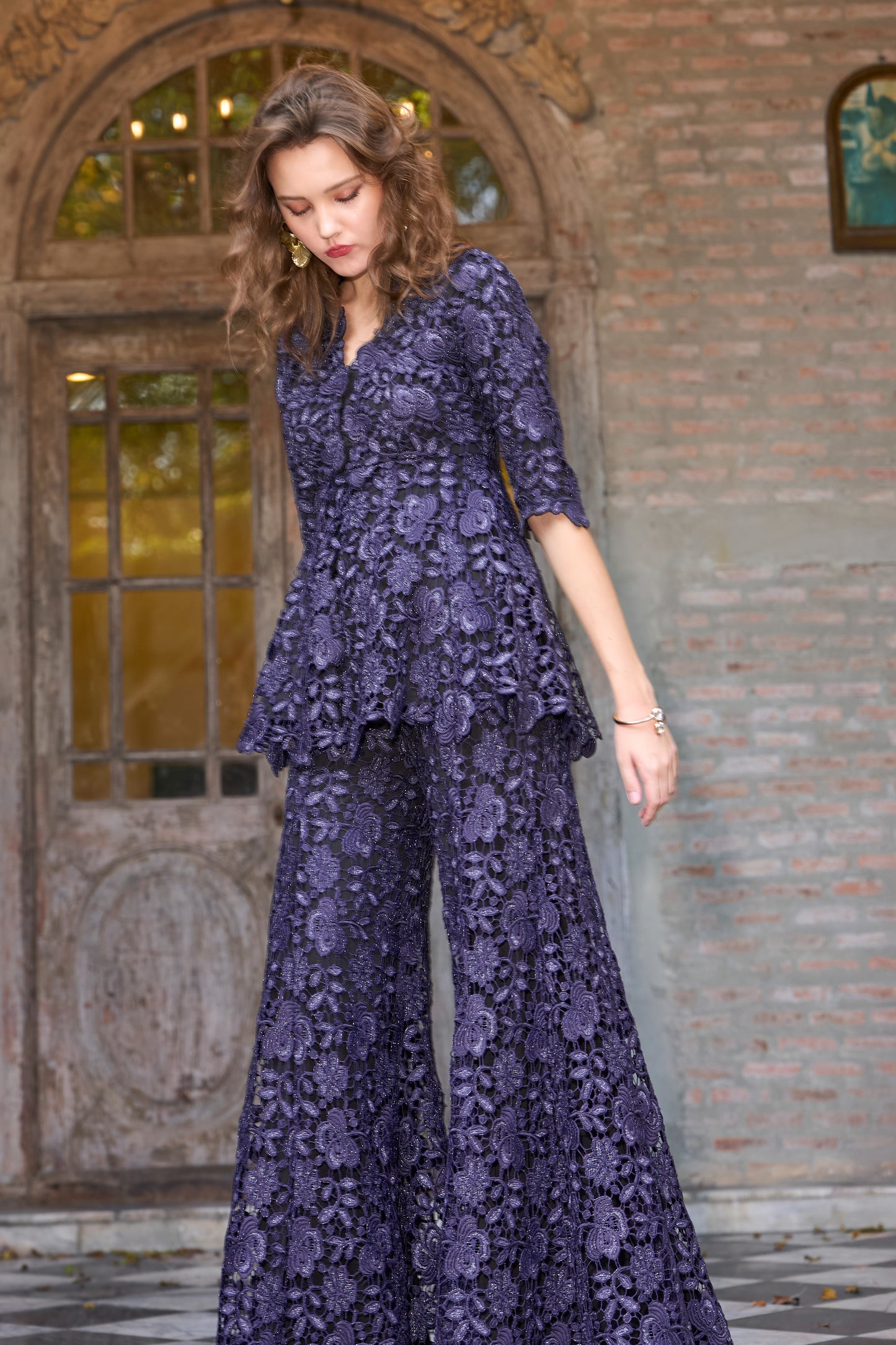 EMBROIDERED LACE PEPLUM TOP AND PANT SET