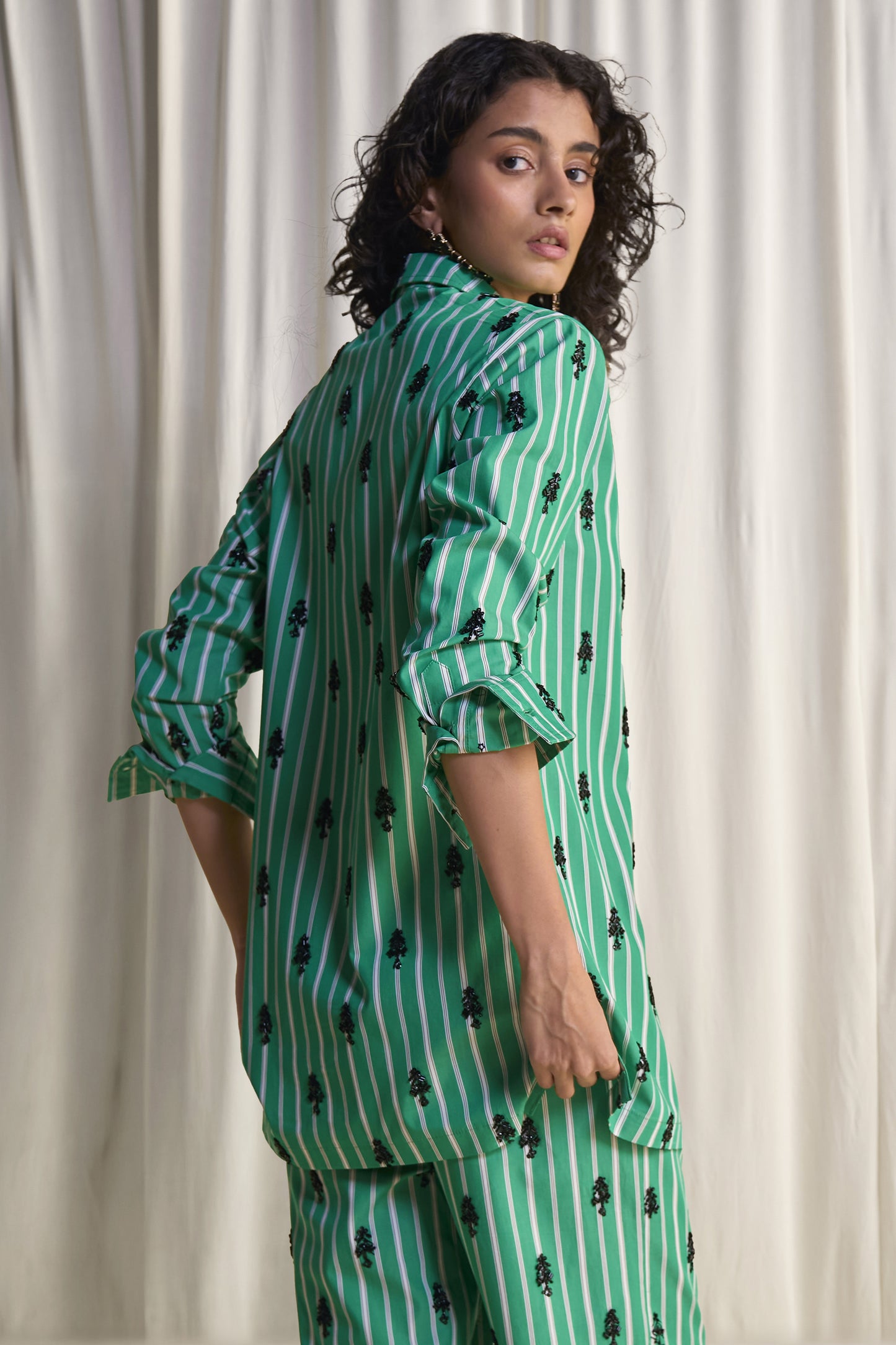 MOTIF BEAD EMBROIDERED STRIPE SHIRT & PANT SET