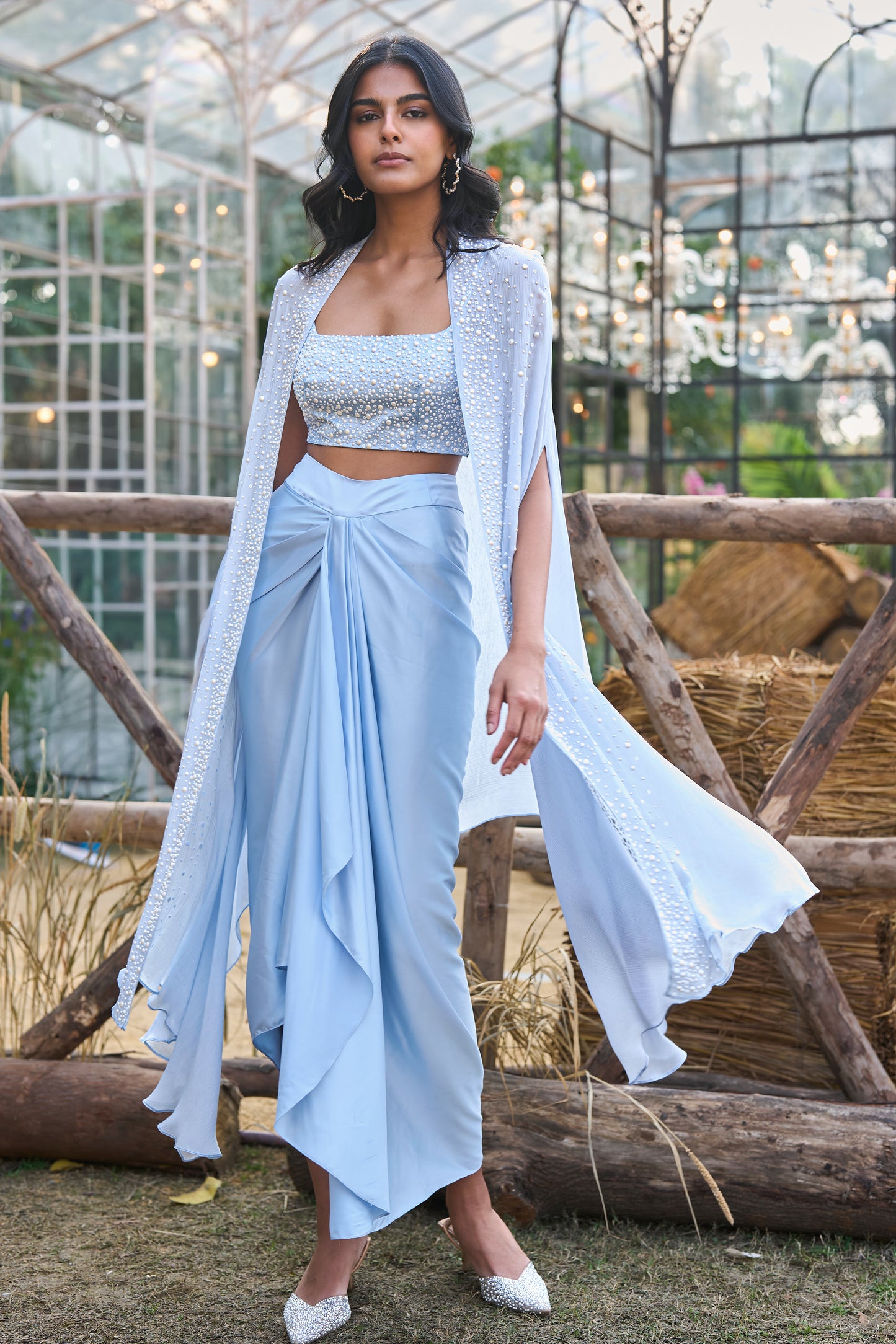 PEARL EMBROIDERED BRALETTE & DRAPED SATIN SKIRT