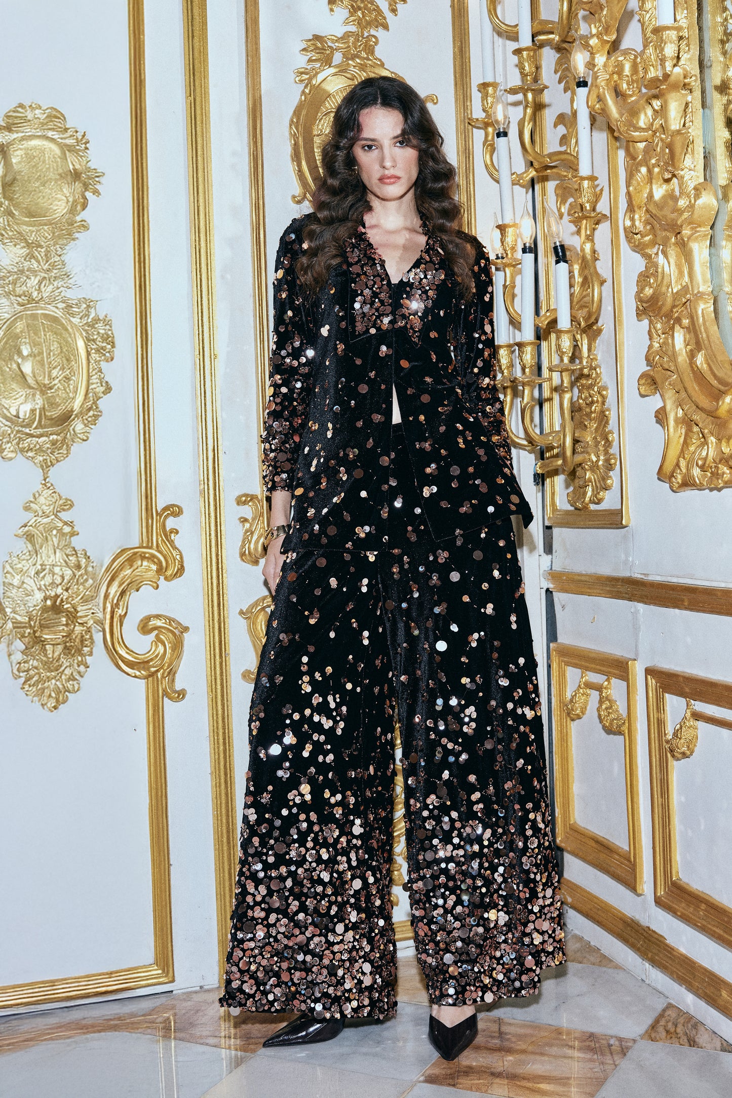 PAILLETTE EMBROIDERED VELVET PANT