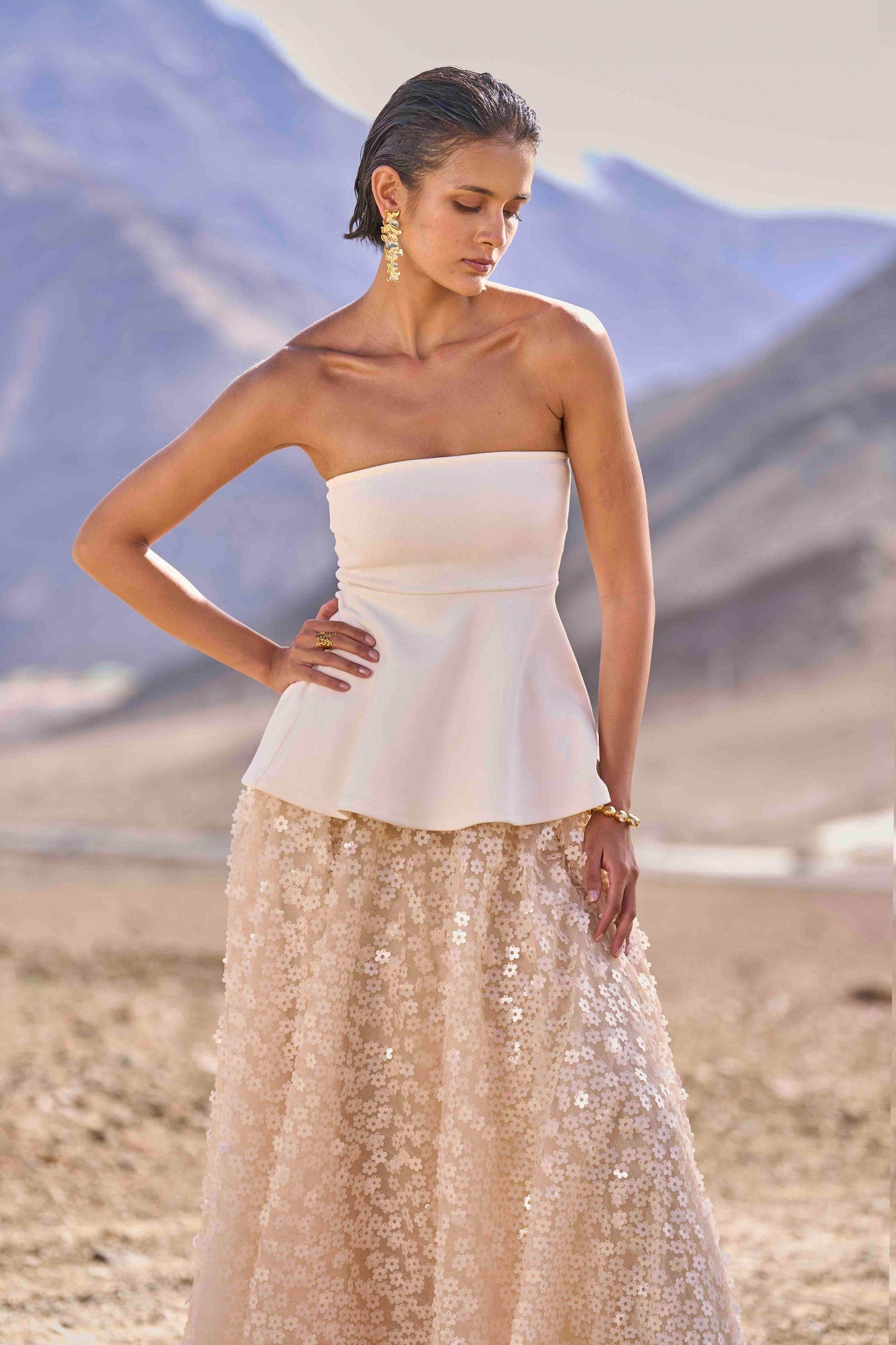 IVORY PEPLUM TOP & 3D FLORAL SEQUIN SKIRT - dash and dot