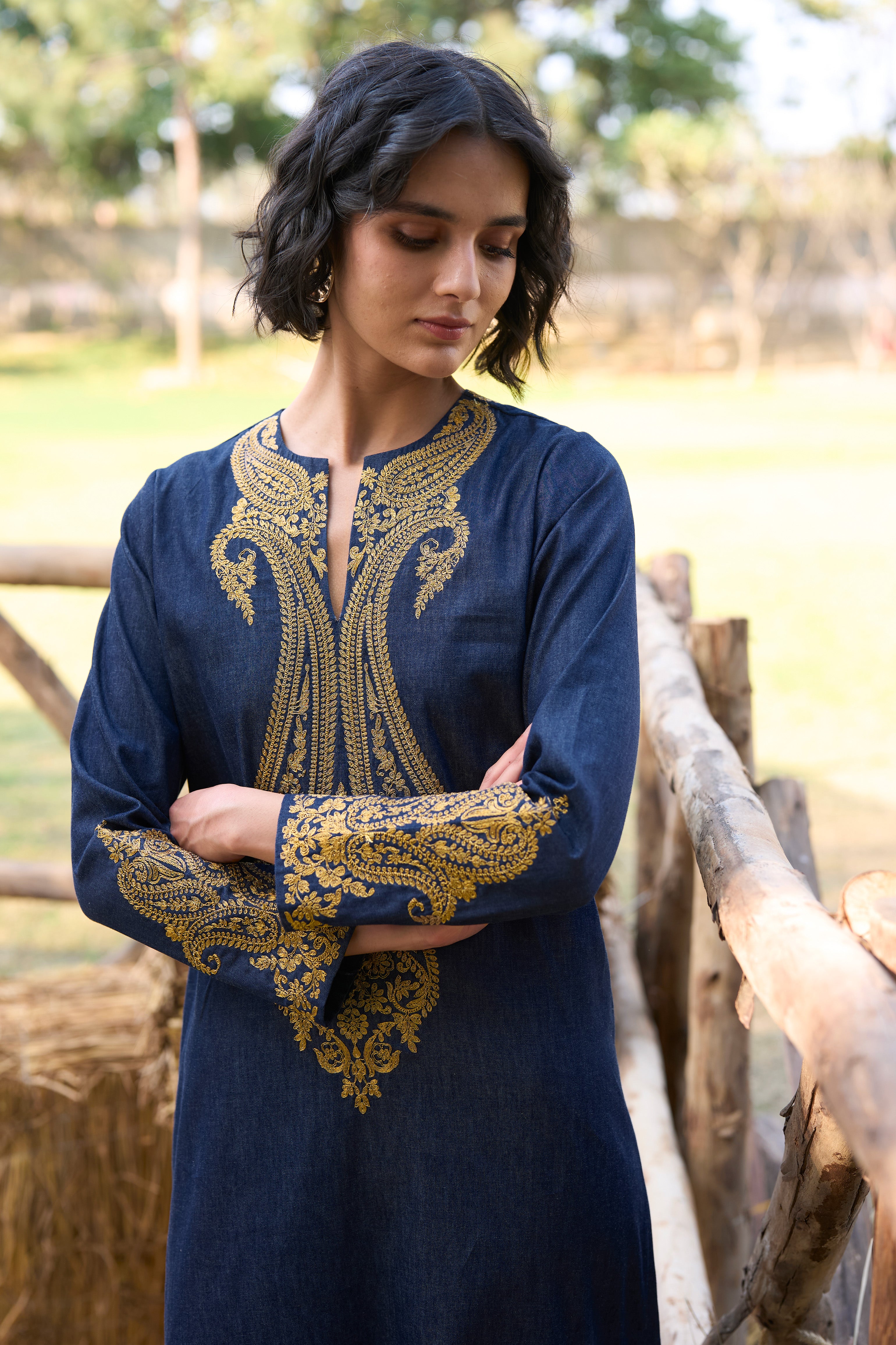denim kaftan dress Deep V-Neck Denim Blue Zero Waste Caftan Dress - M/L