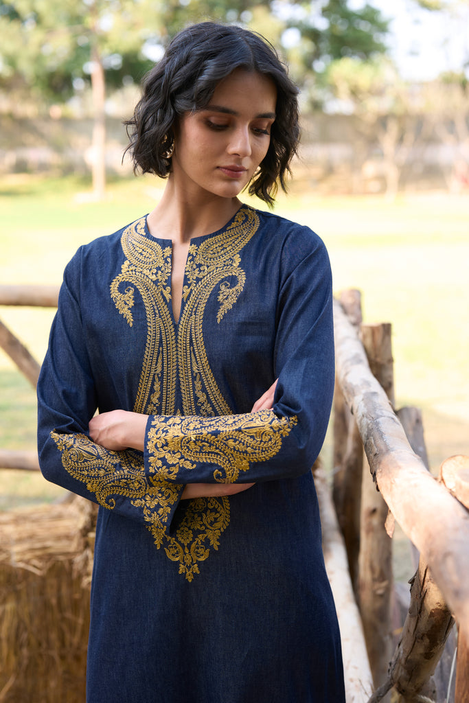EMBROIDERED DENIM KAFTAN DRESS dash and dot