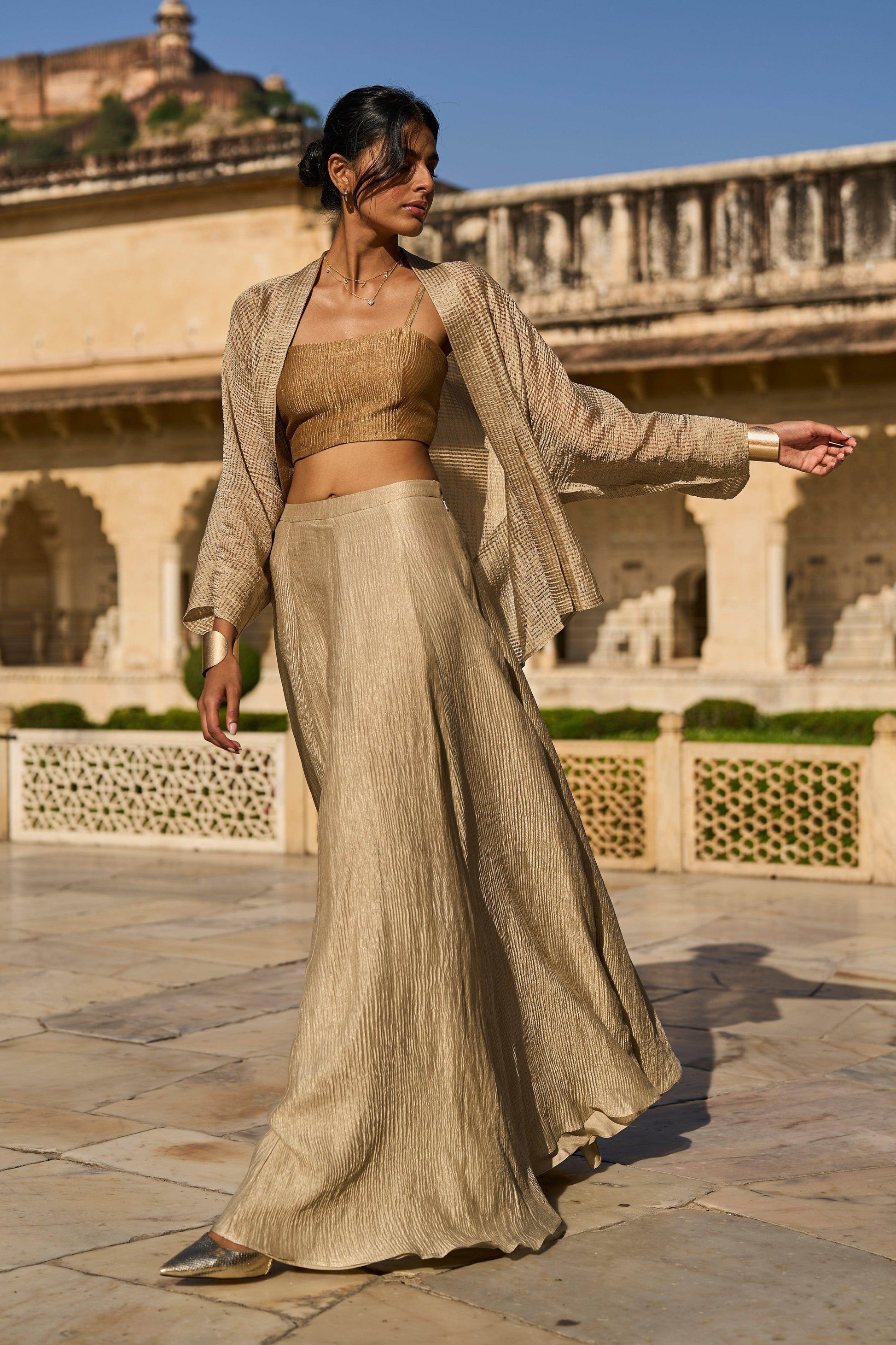 GOLD TISSUE BRALETTE, SHRUG AND SKIRT SET - dash and dot