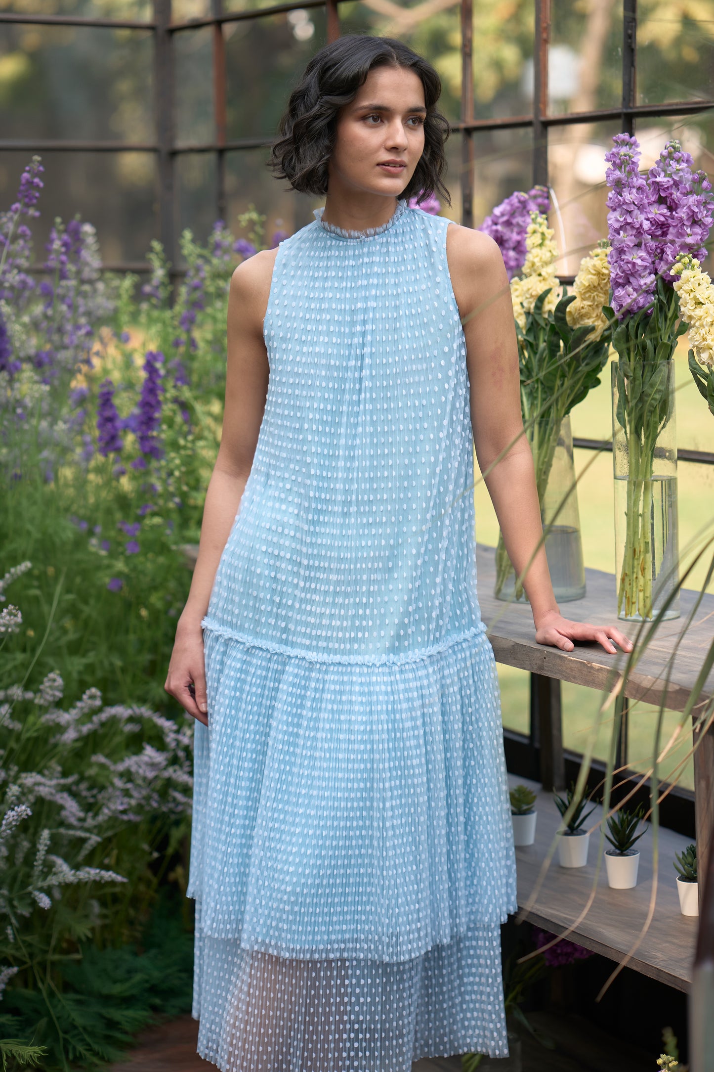 PLEATED POLKA DOT TIERED DRESS