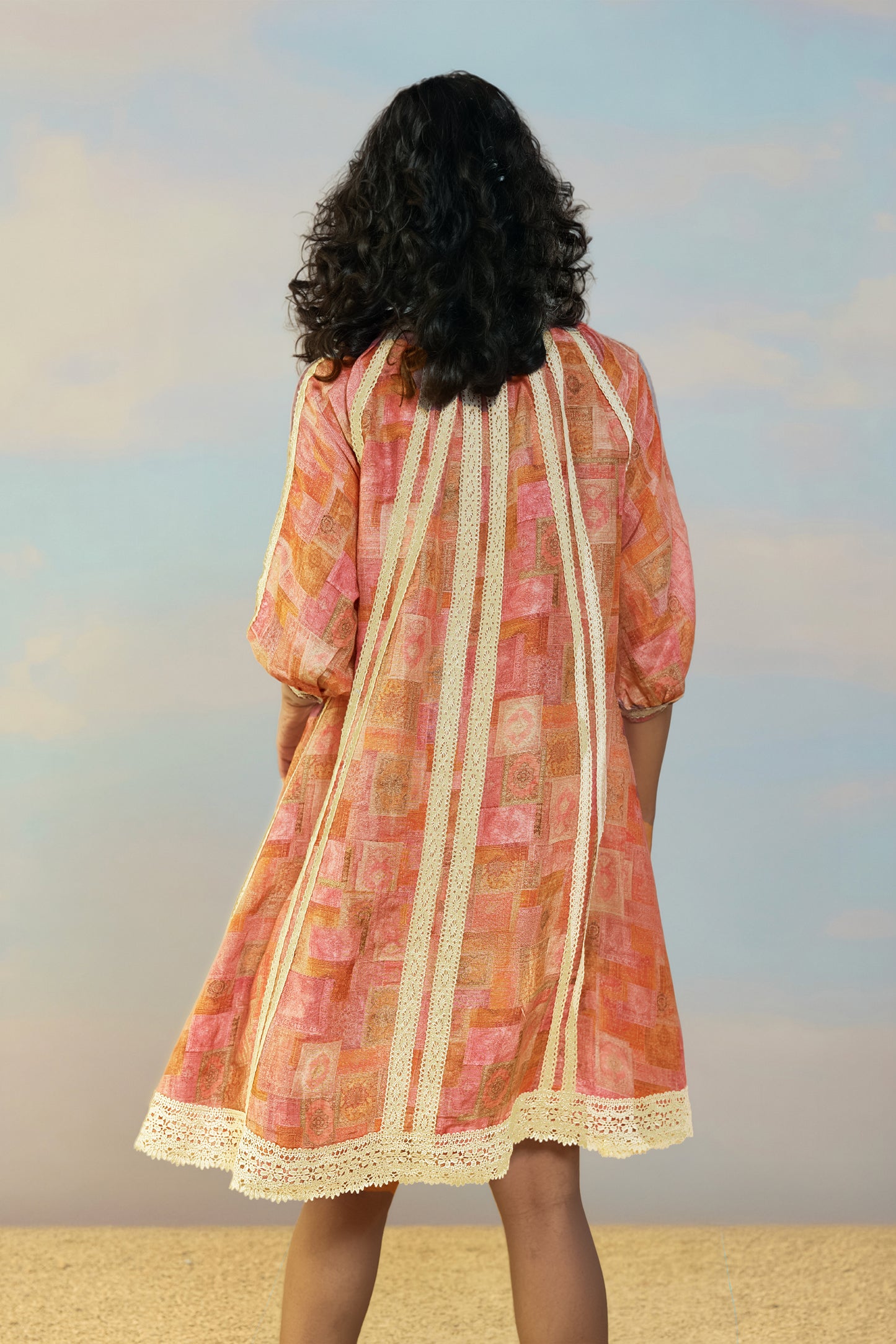 PRINTED LINEN-LACE DRESS