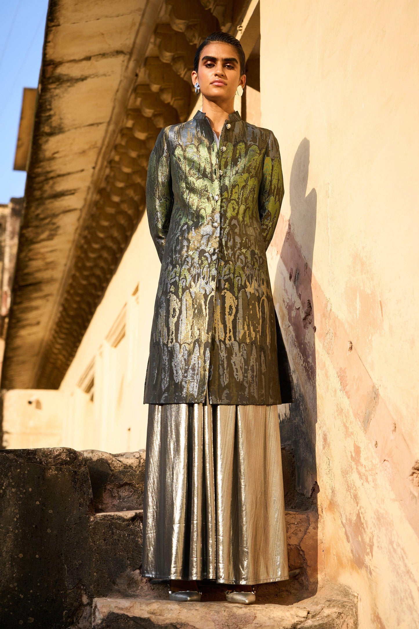 BROCADE JACKET AND FIT & FLARE SILVER SKIRT - dash and dot