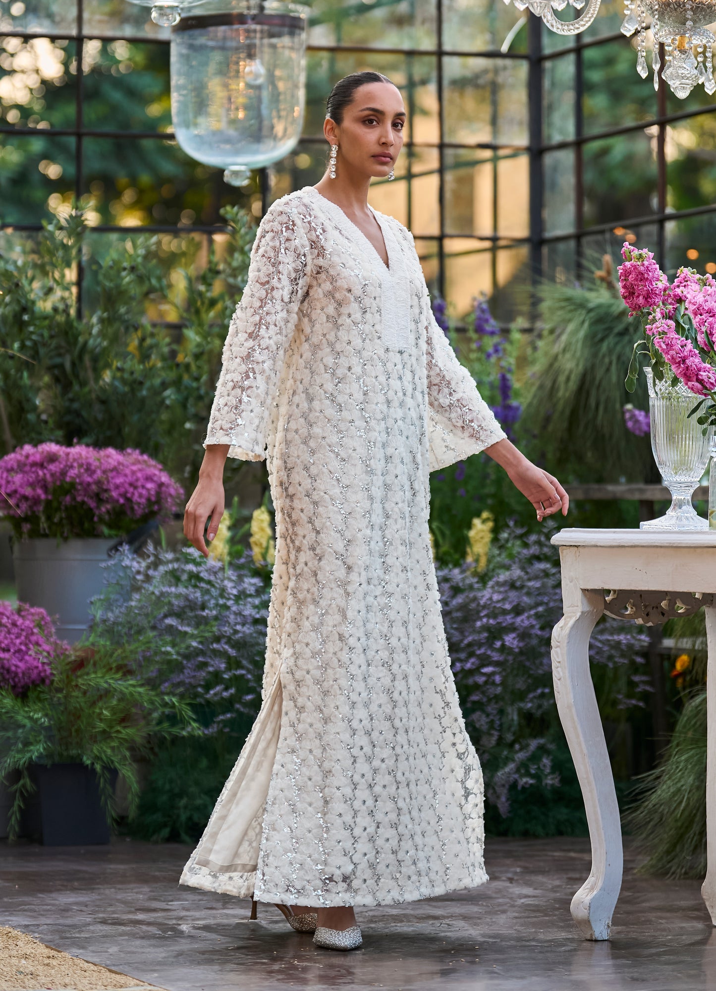 FLORAL RIBBON & SEQUIN EMBROIDERED KAFTAN DRESS