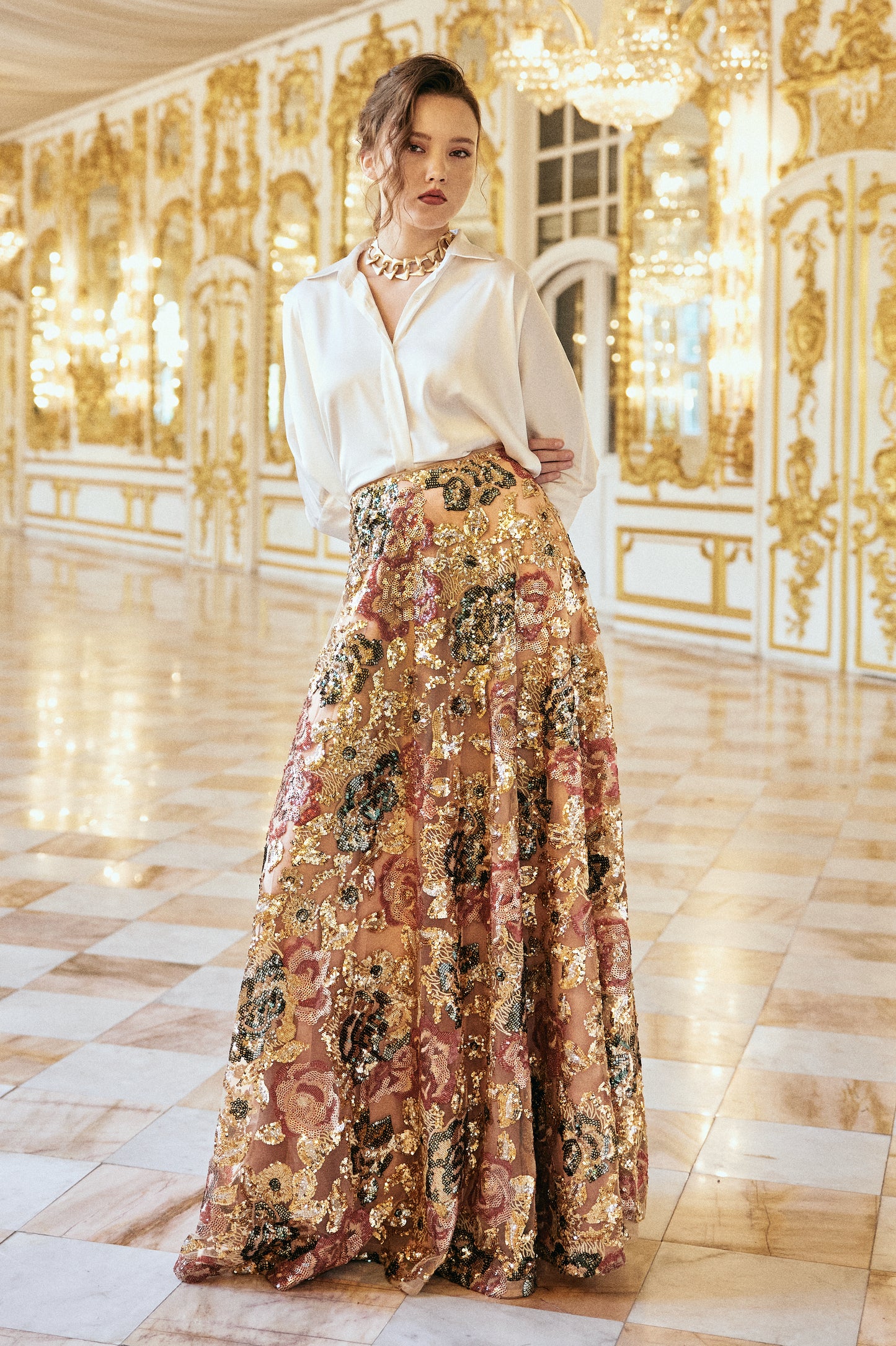 IVORY SATIN SHIRT & FLORAL SEQUIN MAXI SKIRT