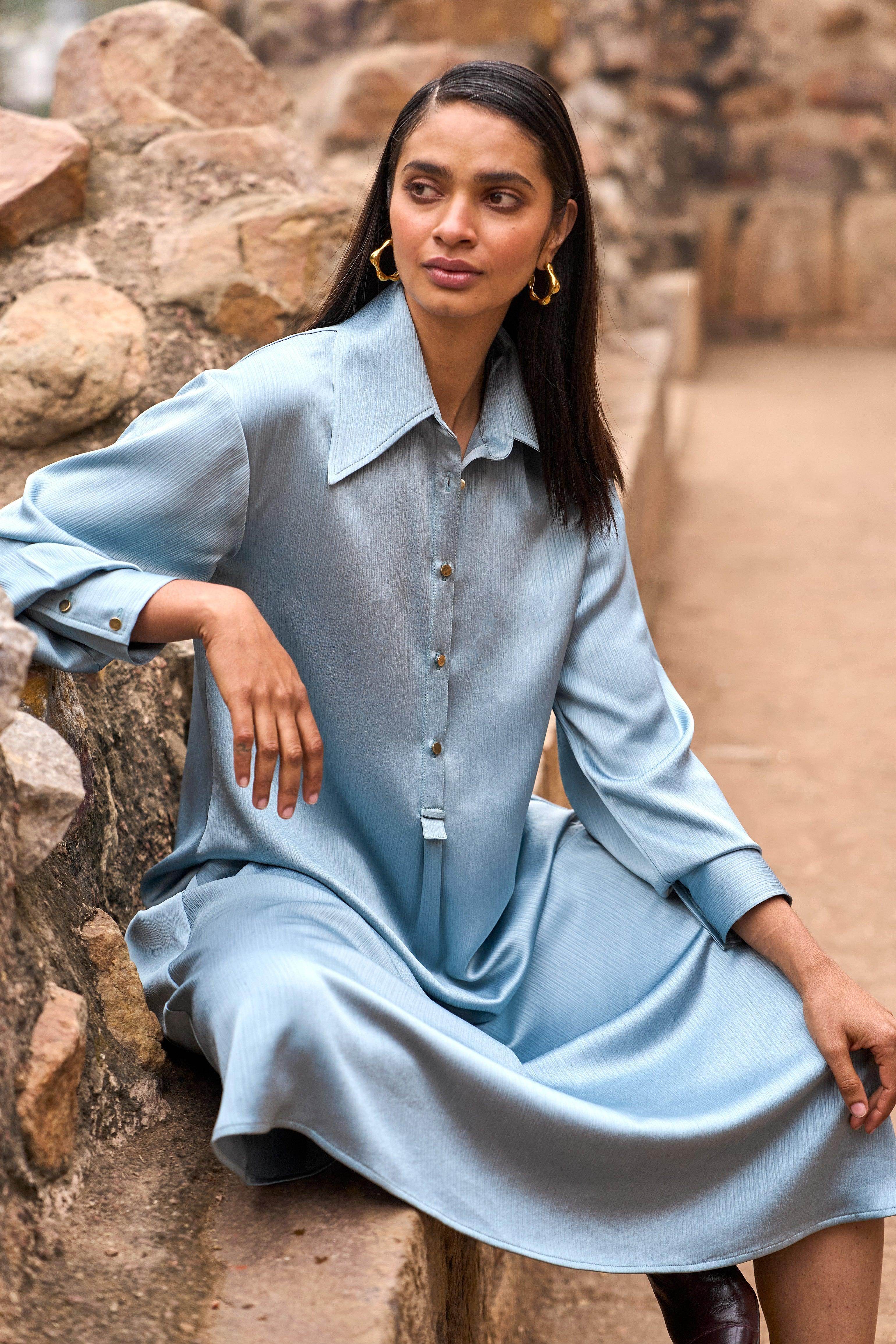 blue satin shirt dress The Romanticist Short Sleeve Shirt Dress in Royal Blue Cotton Sateen The Array
